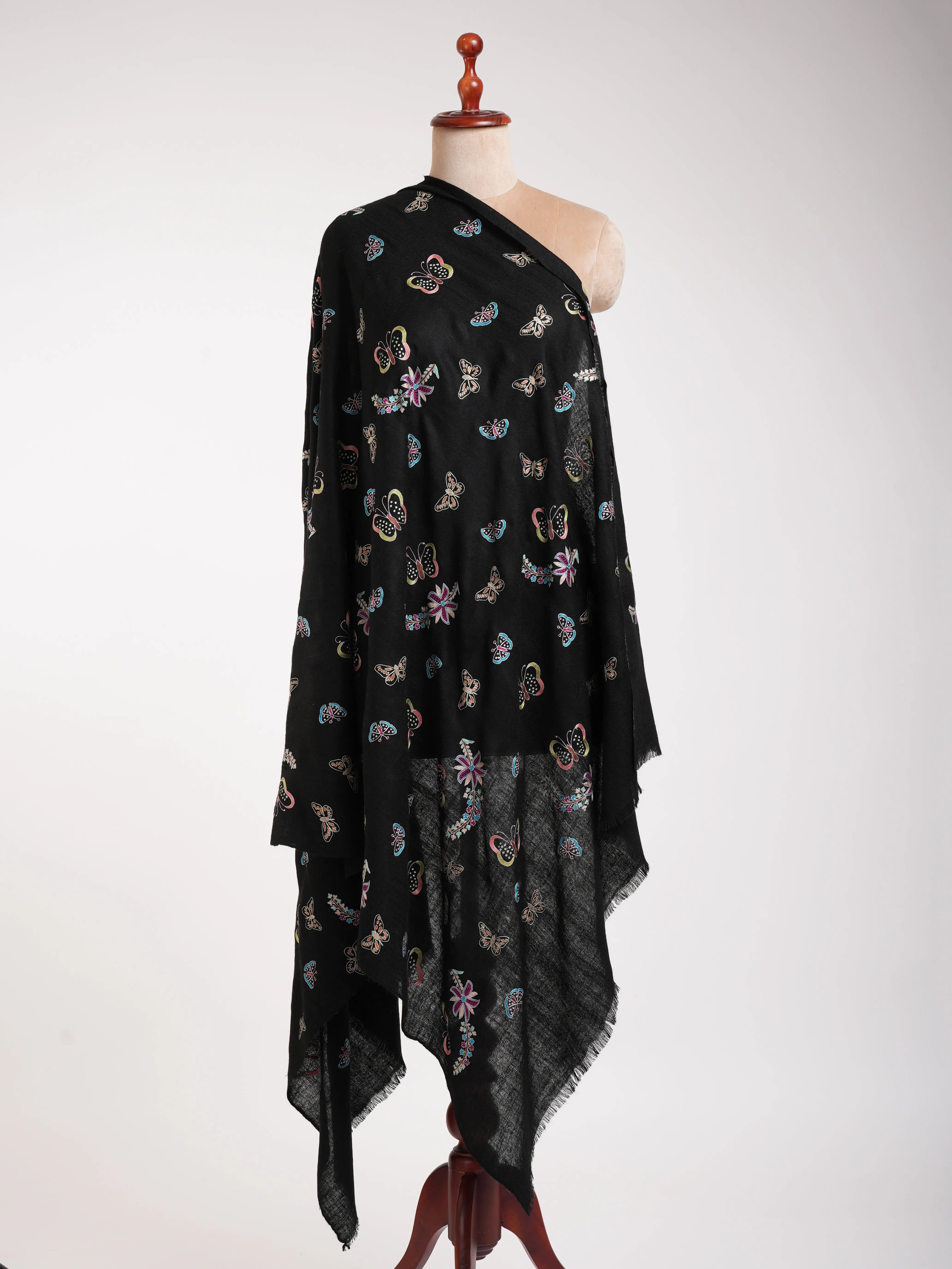 Butterfly Embroidered Black Pashmina Shawl Shahkaar