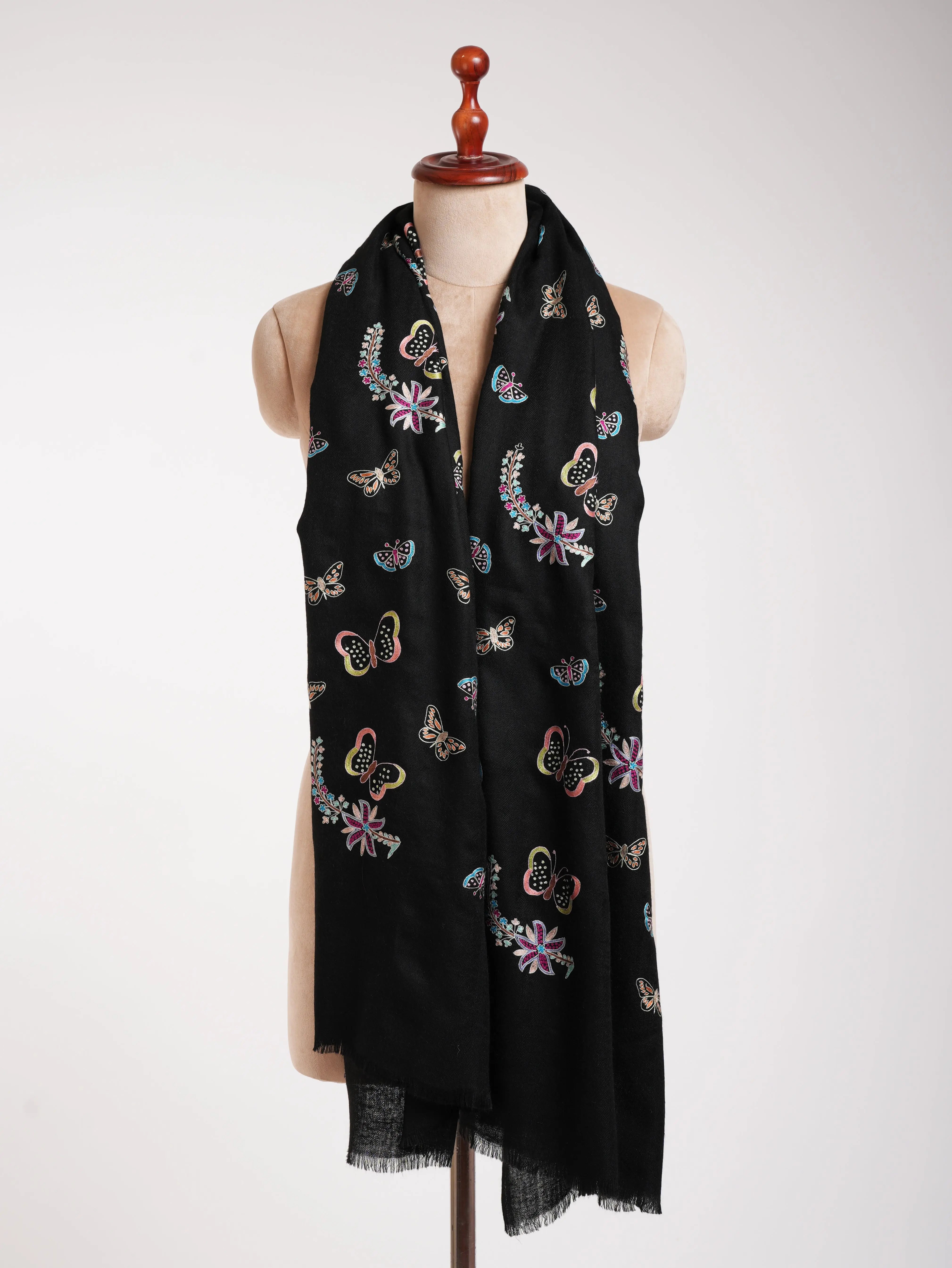 Butterfly Embroidered Black Pashmina Shawl Shahkaar