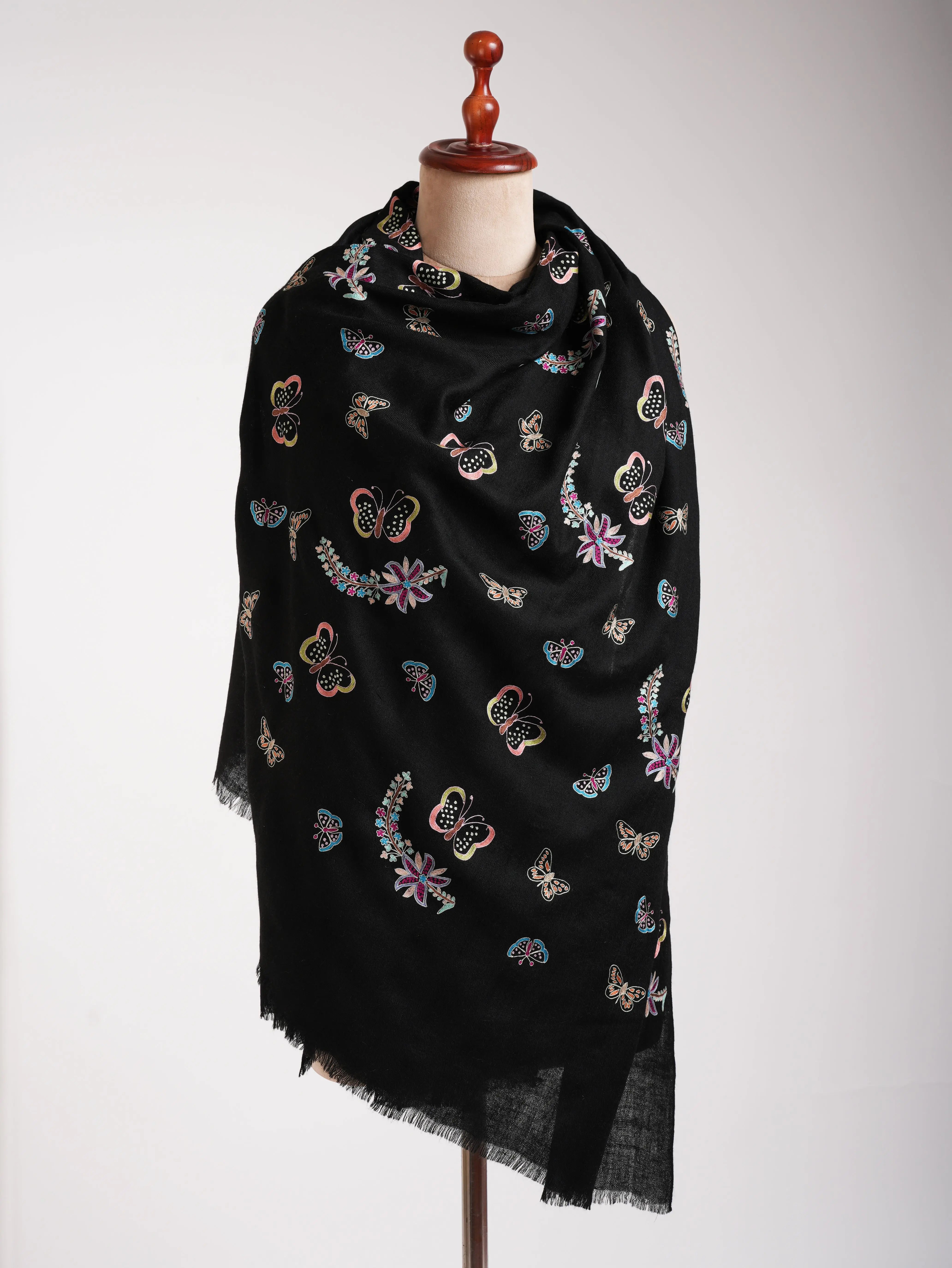Butterfly Embroidered Black Pashmina Shawl Shahkaar