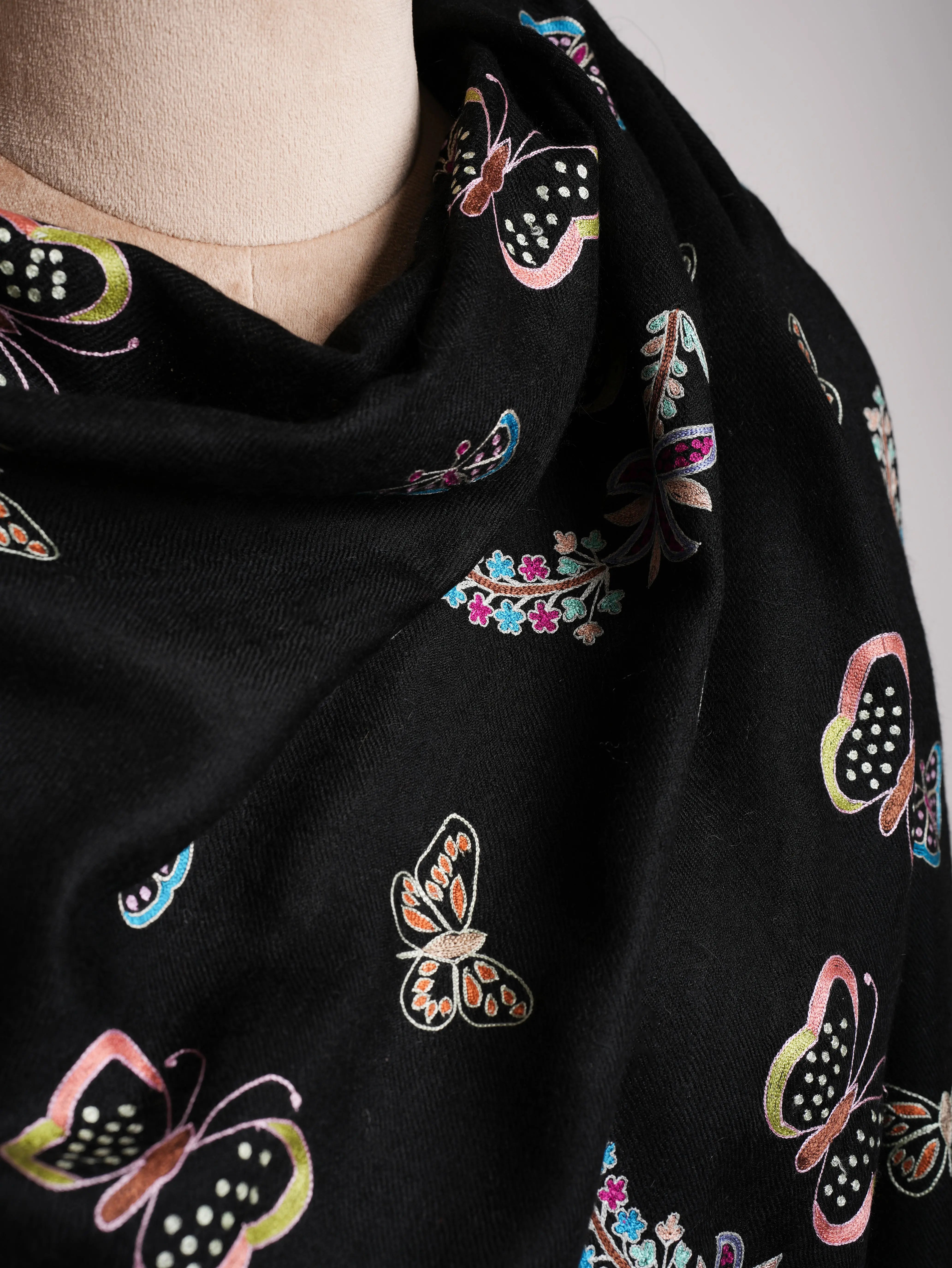 Butterfly Embroidered Black Pashmina Shawl Shahkaar
