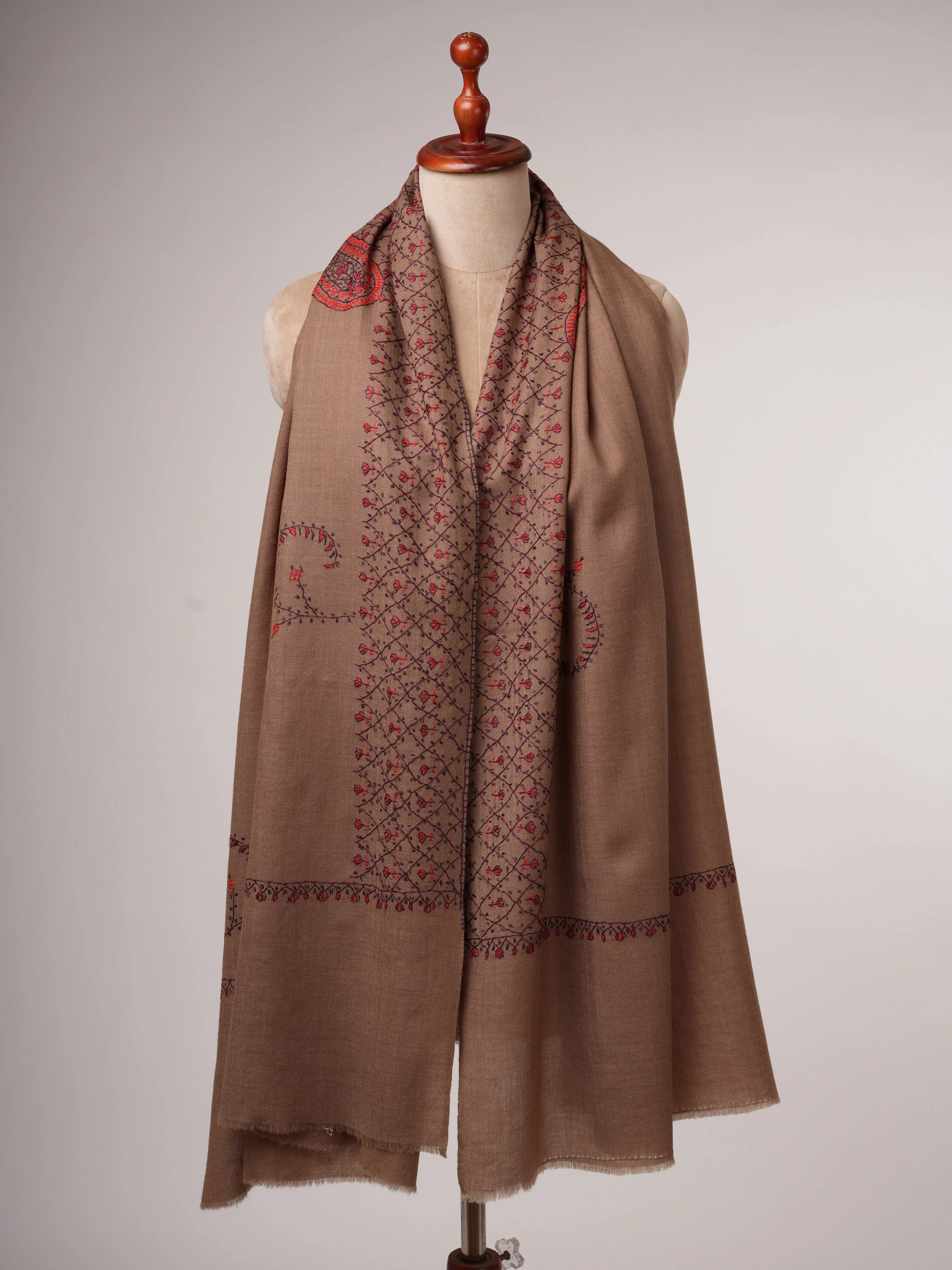 Camel Toned Kashmiri Shawl in Fine Wool with Hand Embroidery Shahkaar