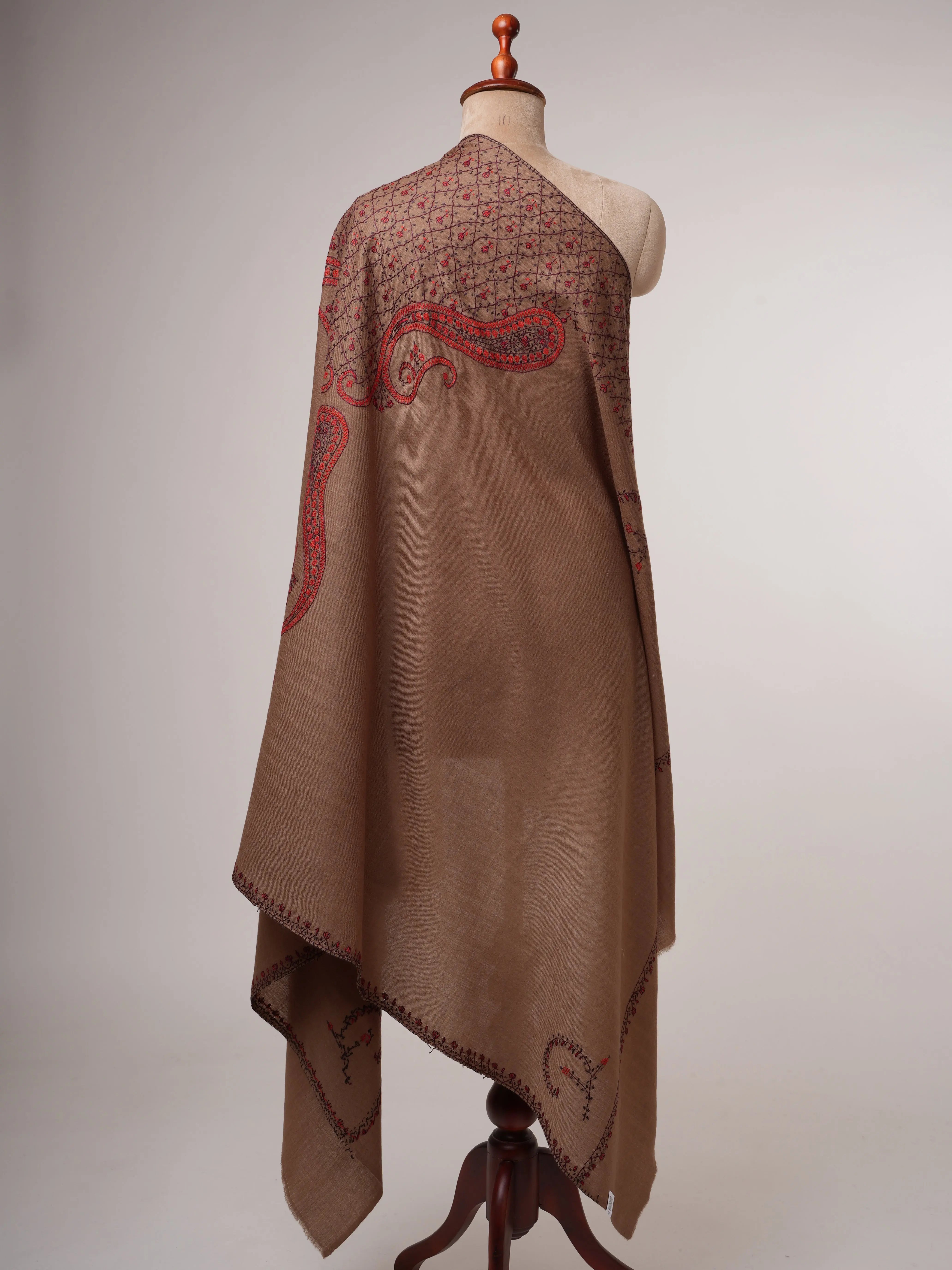 Camel Toned Kashmiri Shawl in Fine Wool with Hand Embroidery Shahkaar