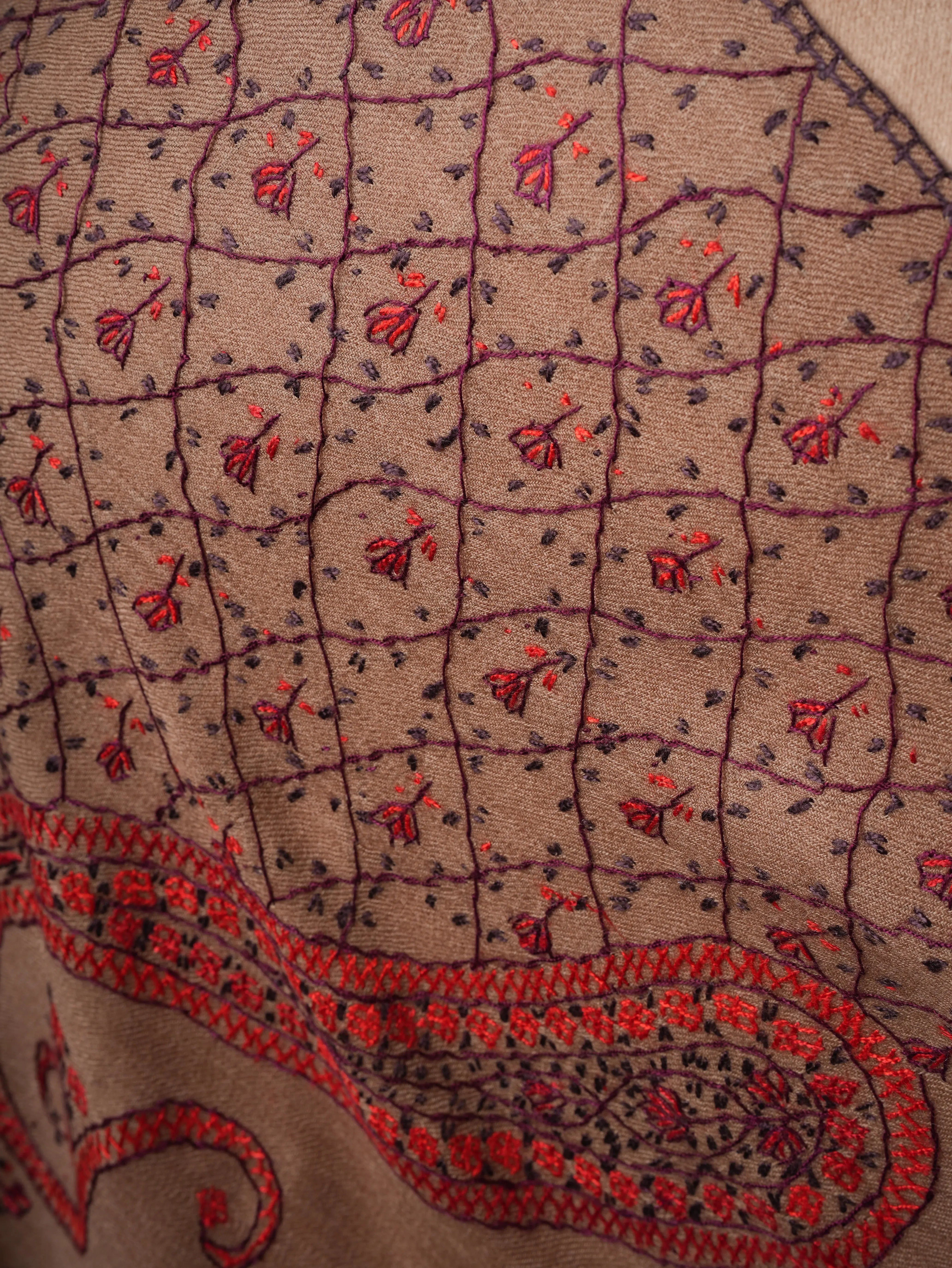 Camel Toned Kashmiri Shawl in Fine Wool with Hand Embroidery Shahkaar