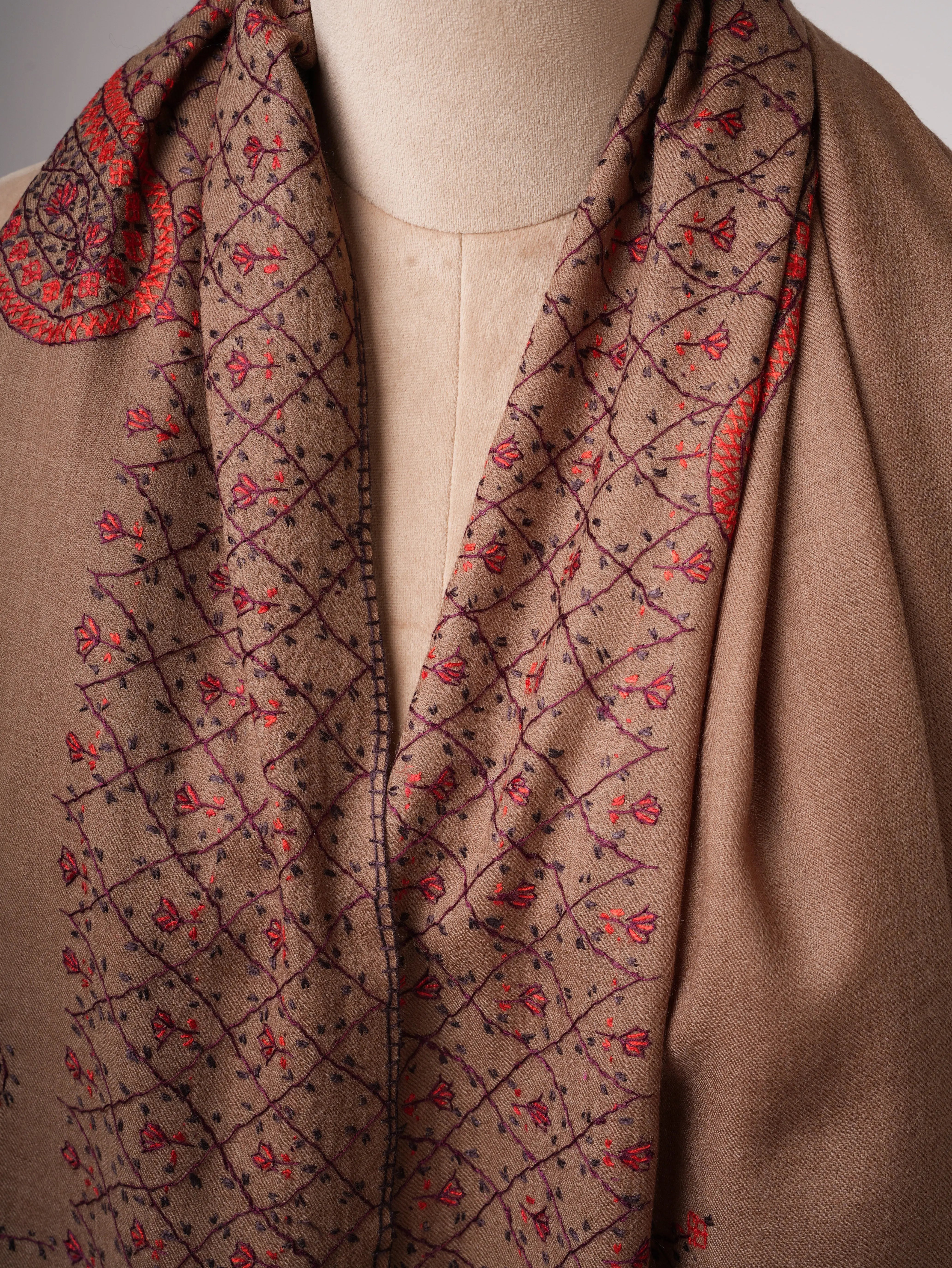 Camel Toned Kashmiri Shawl in Fine Wool with Hand Embroidery Shahkaar