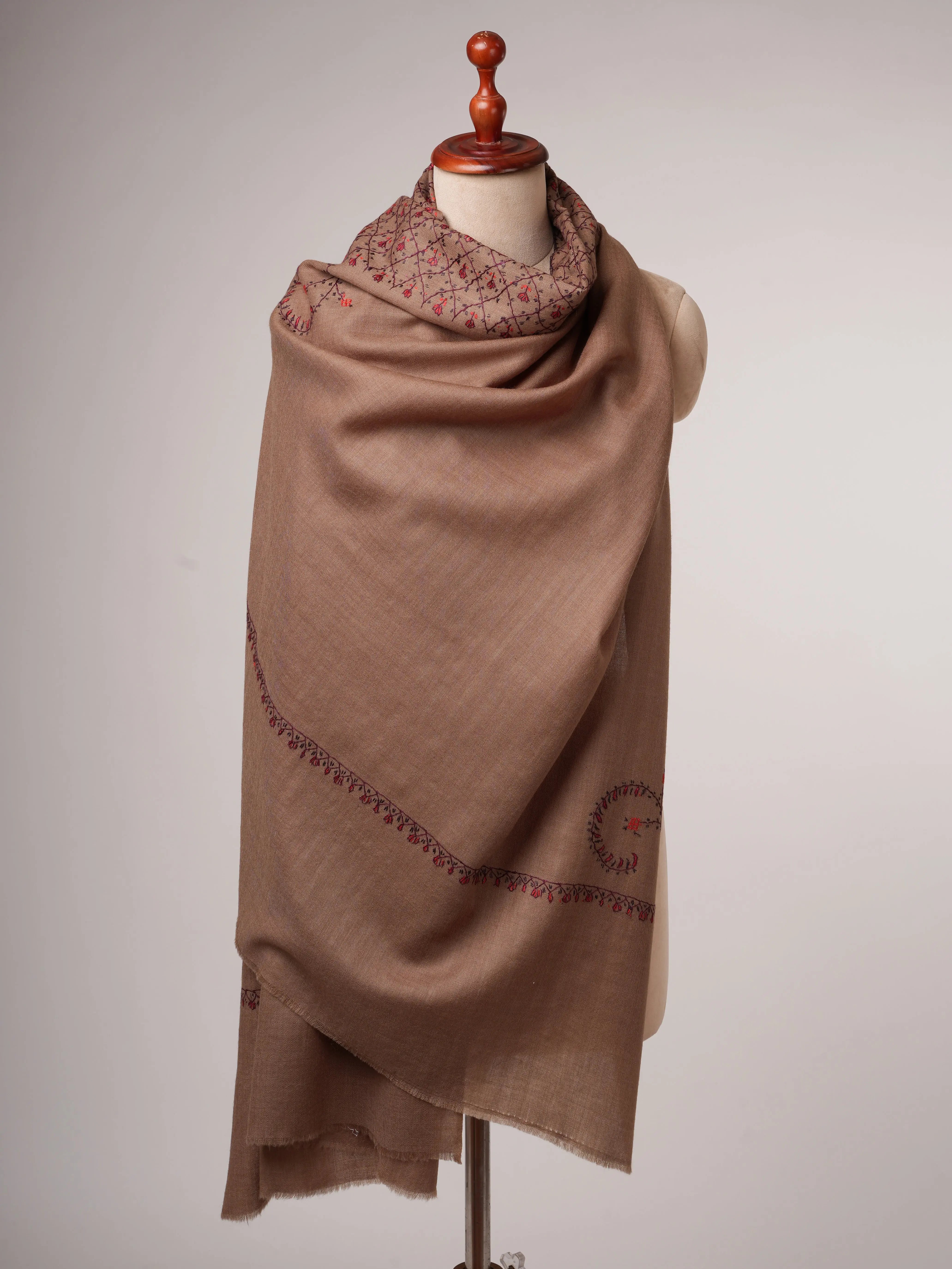 Camel Toned Kashmiri Shawl in Fine Wool with Hand Embroidery Shahkaar