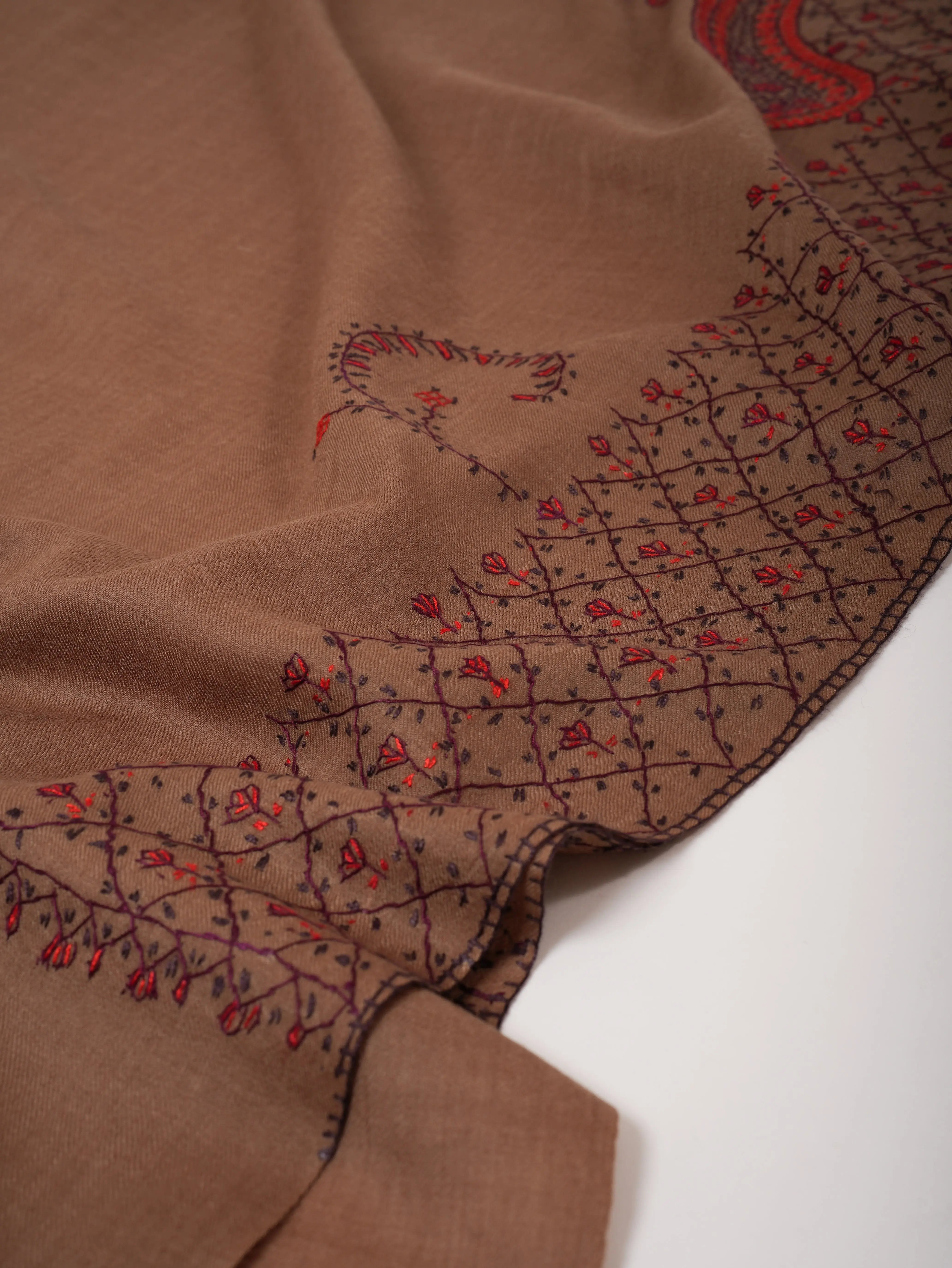 Camel Toned Kashmiri Shawl in Fine Wool with Hand Embroidery Shahkaar
