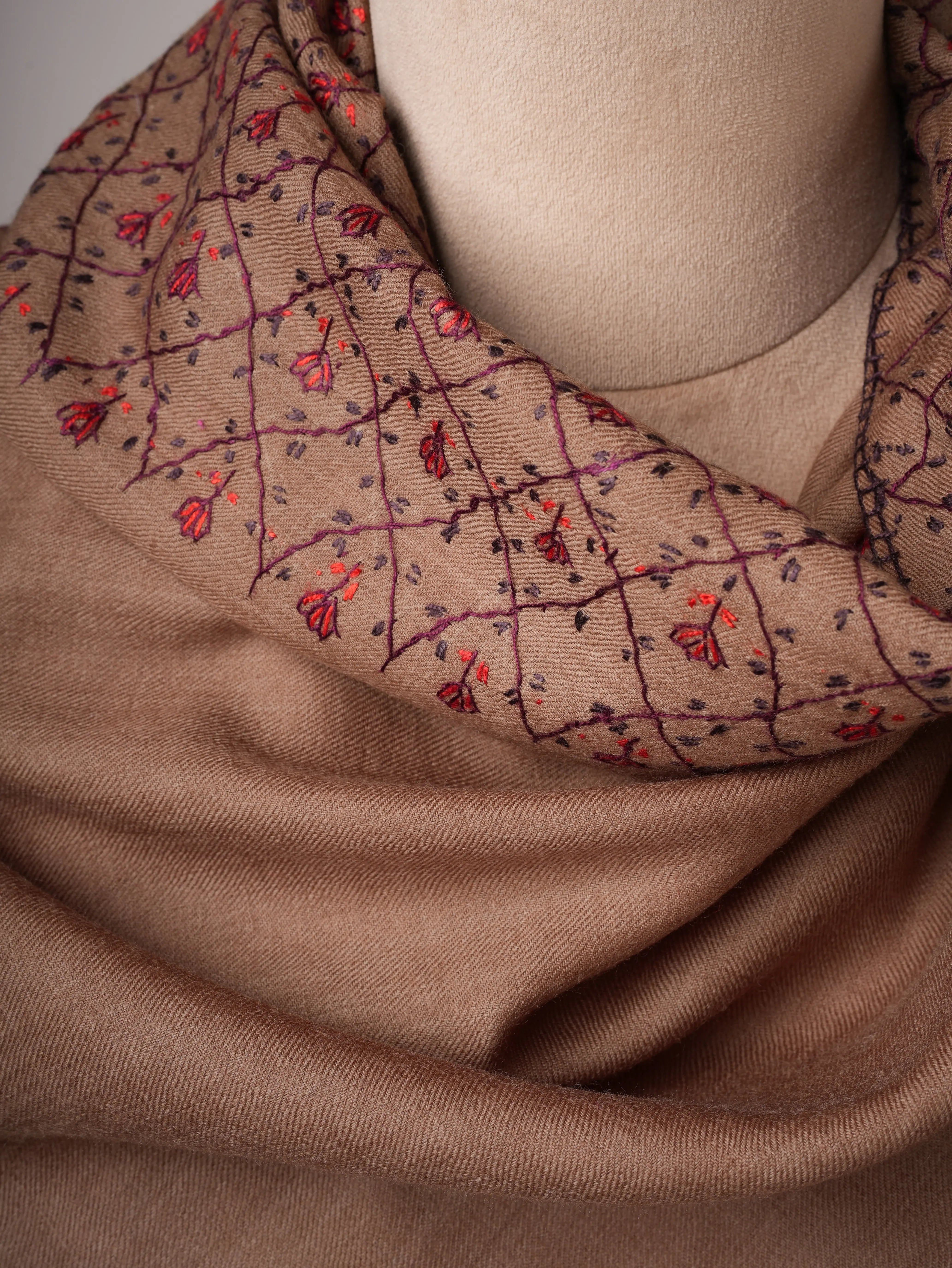 Camel Toned Kashmiri Shawl in Fine Wool with Hand Embroidery Shahkaar