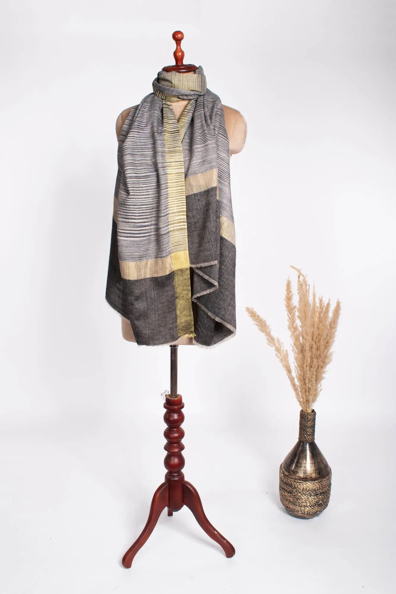 Carbon Black Ikat Cashmere Shawl Embellished with Zari - ABBOT Shahkaar