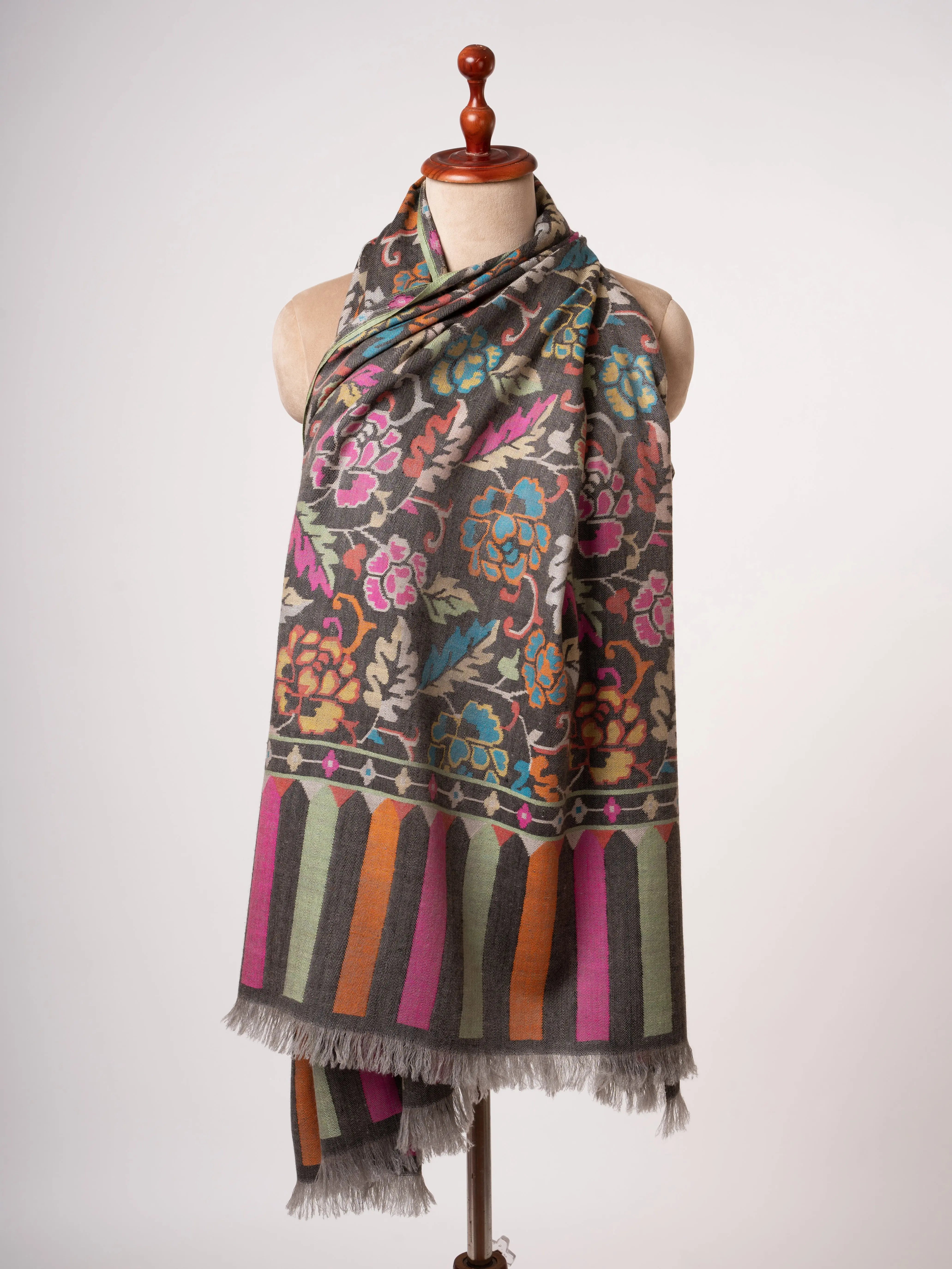 Carbon Black Kani Pashmina Jamavar Shawl Handwoven Heirloom Shahkaar