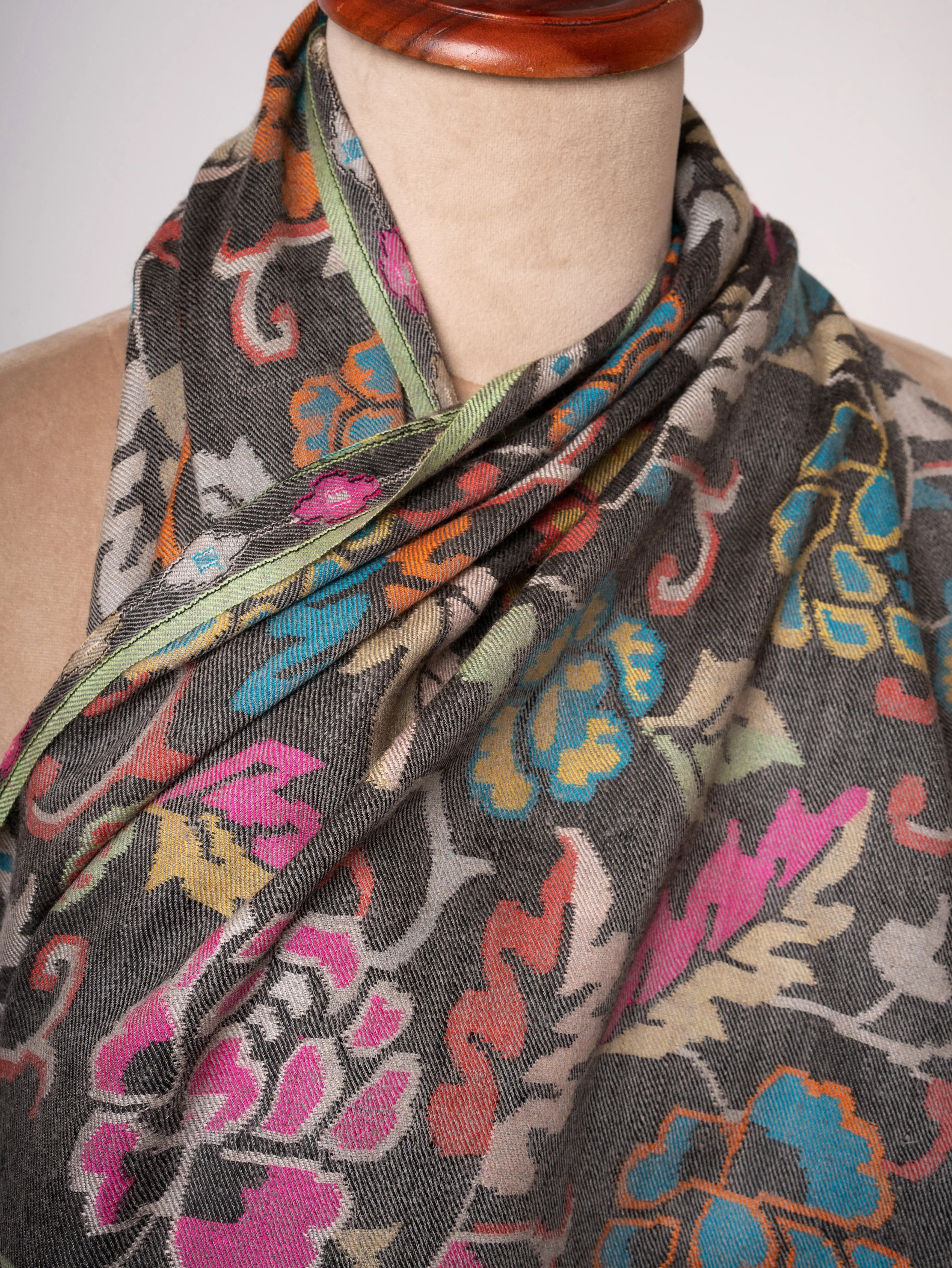 Carbon Black Kani Pashmina Jamavar Shawl Handwoven Heirloom Shahkaar