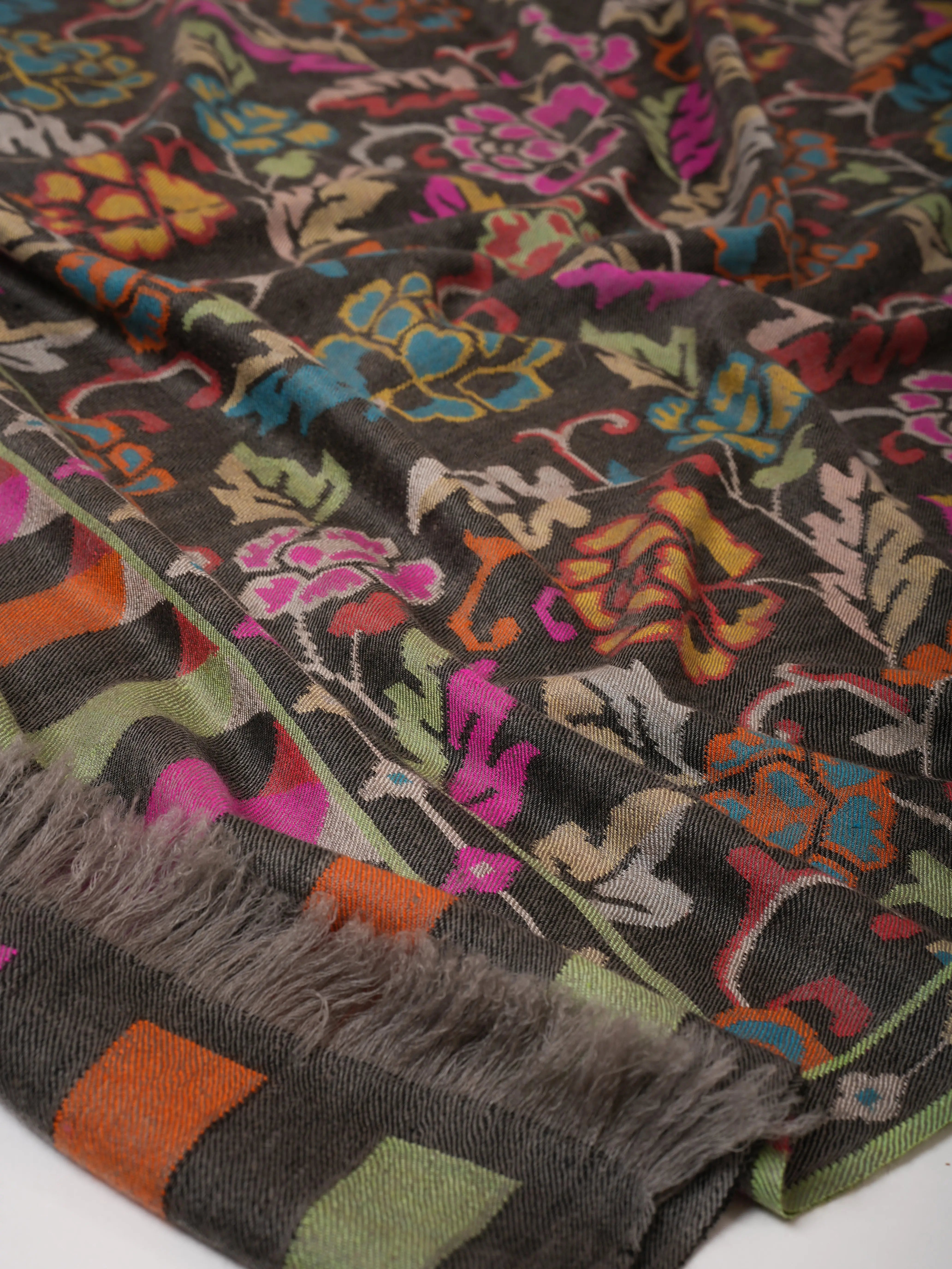 Carbon Black Kani Pashmina Jamavar Shawl Handwoven Heirloom Shahkaar