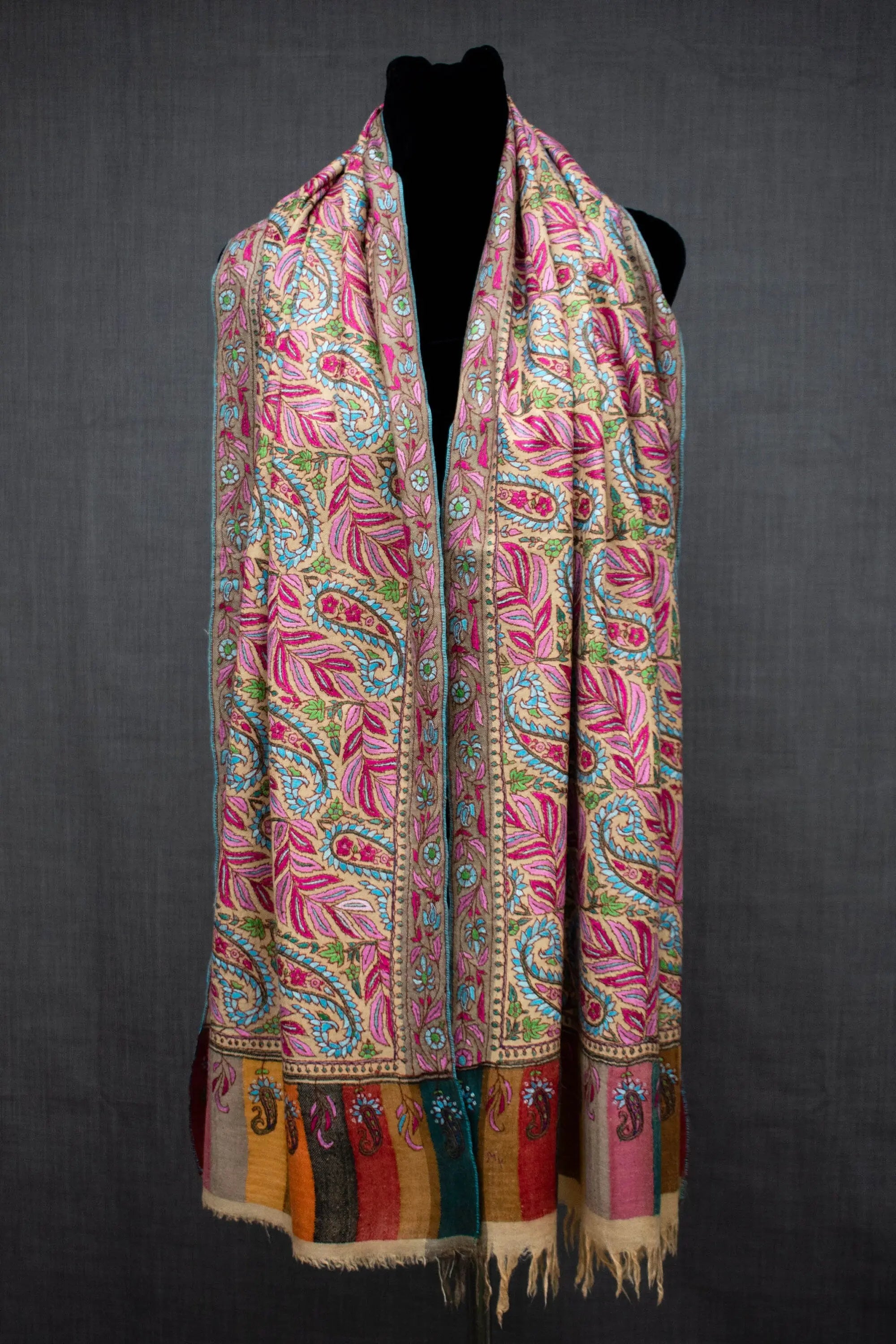 Celestia Paper Machie Pashmina Scarf, Hand Embroidered, Handwoven, 28x80" Shahkaar