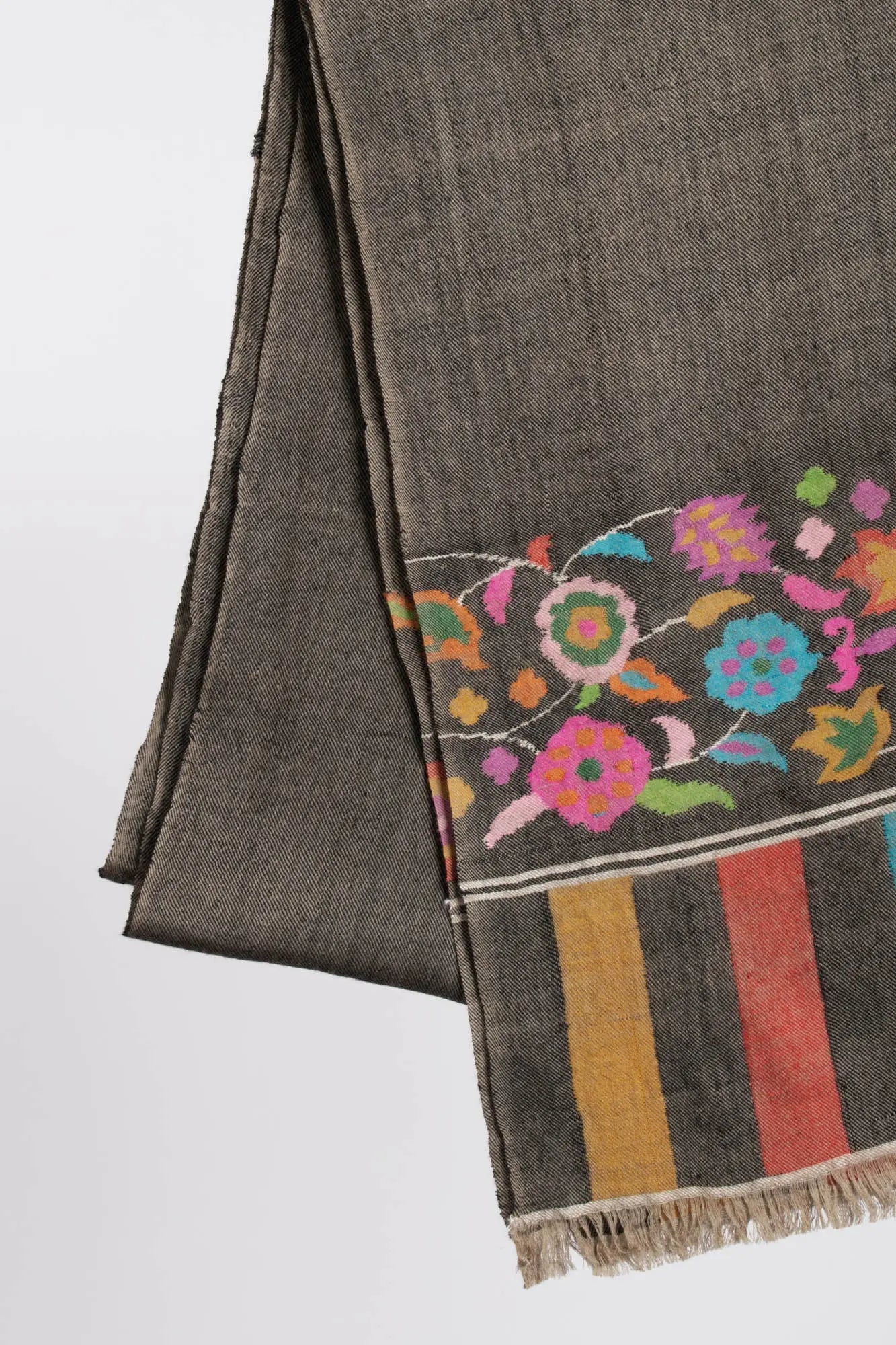 Charcoal Black Floral Kani Pashmina Shawl - KINGMAN Shahkaar