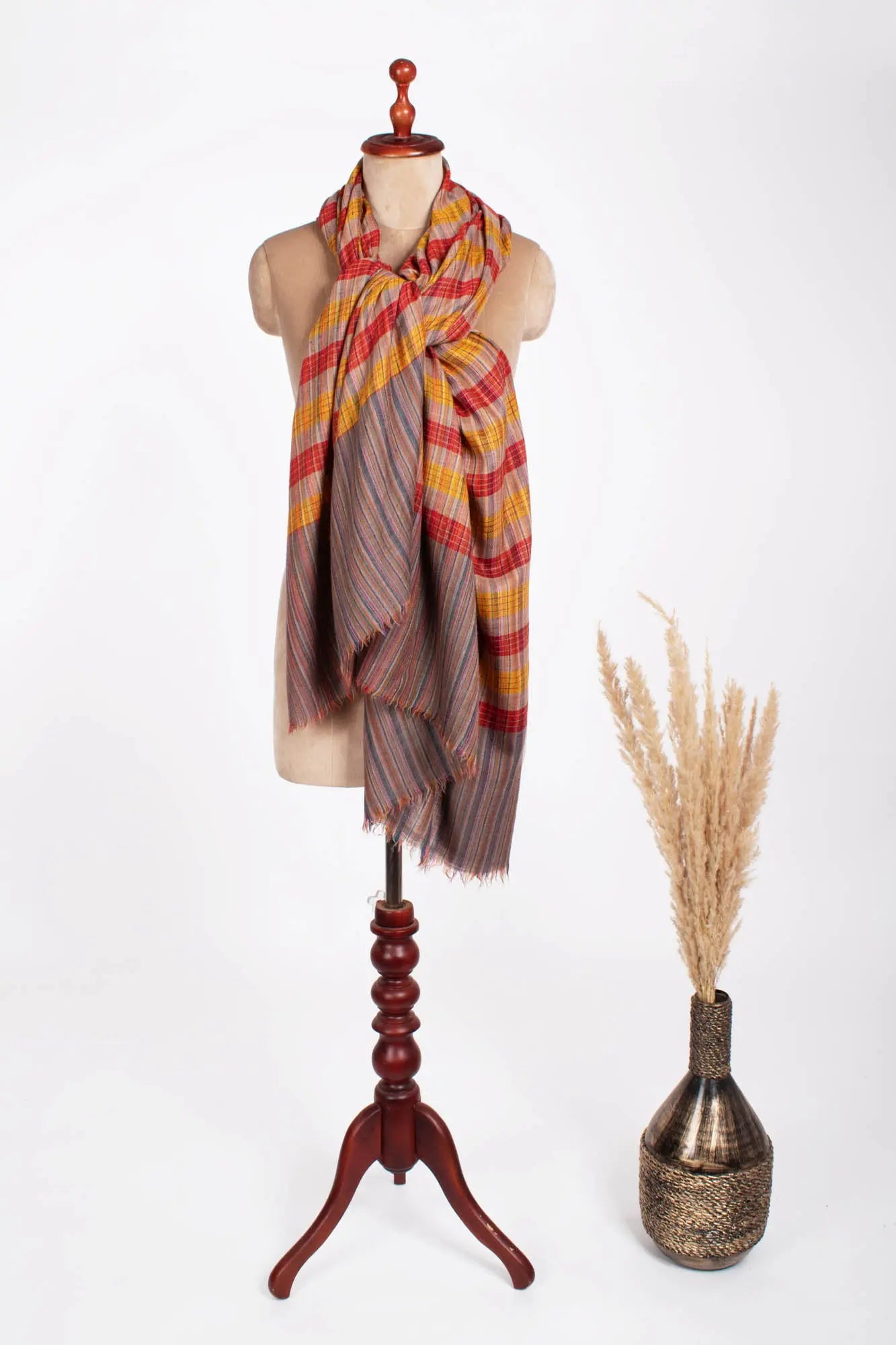 Check Stripe Cashmere Pashmina Shawl - WAHAIWA Shahkaar