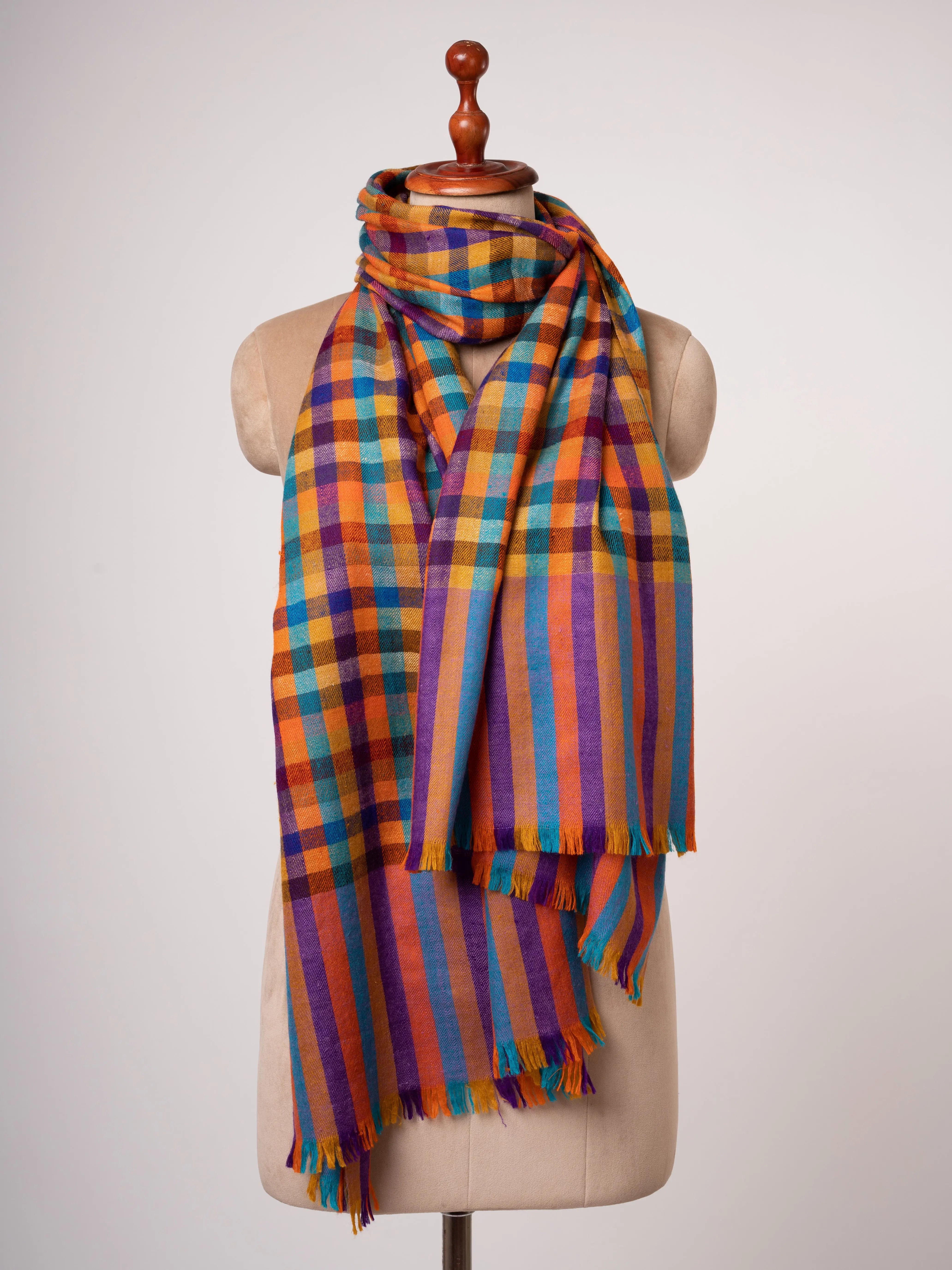 Checkered Handspun Kashmiri Cashmere Stole Handwoven Heritage Shahkaar