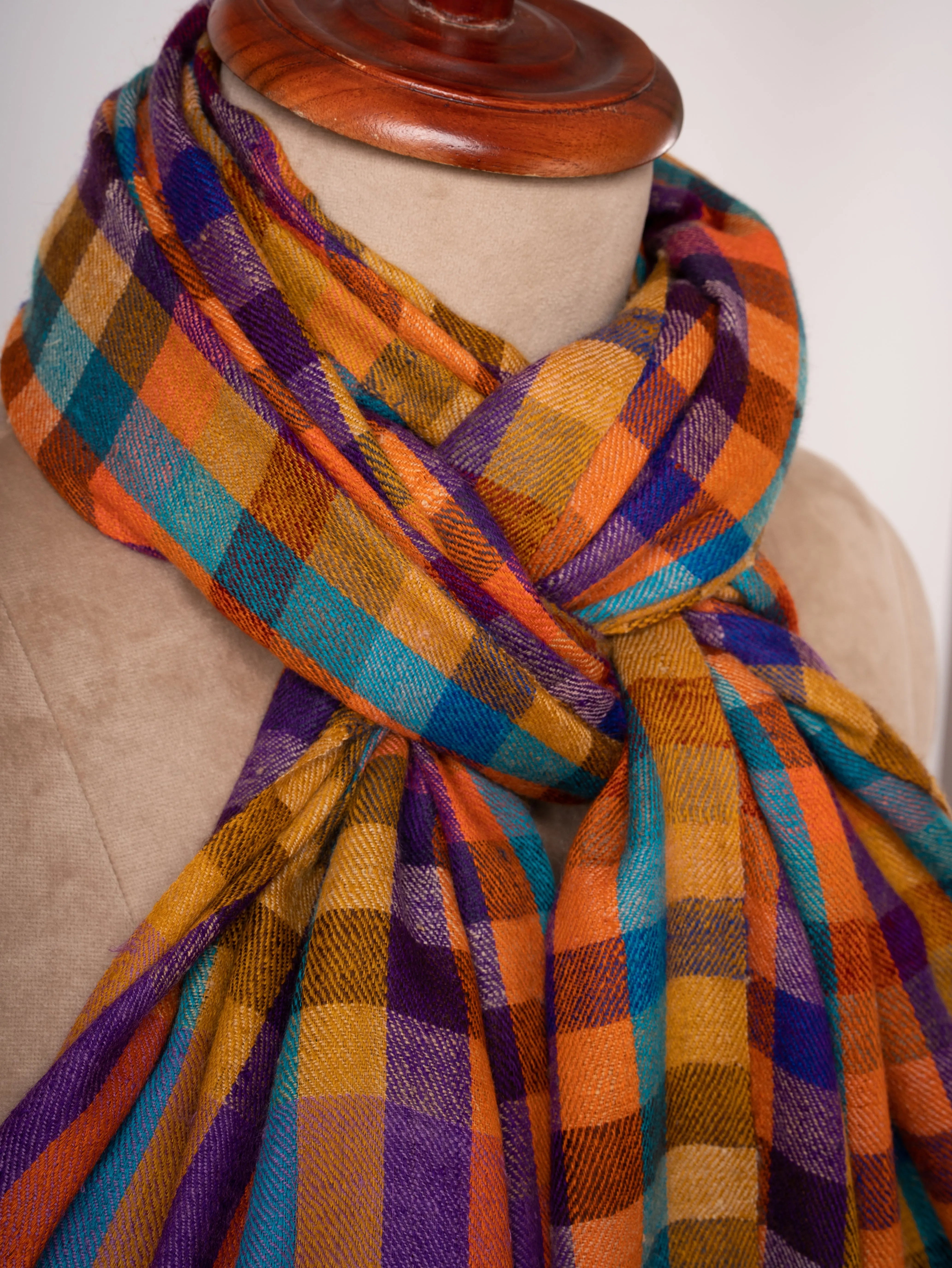 Checkered Handspun Kashmiri Cashmere Stole Handwoven Heritage Shahkaar