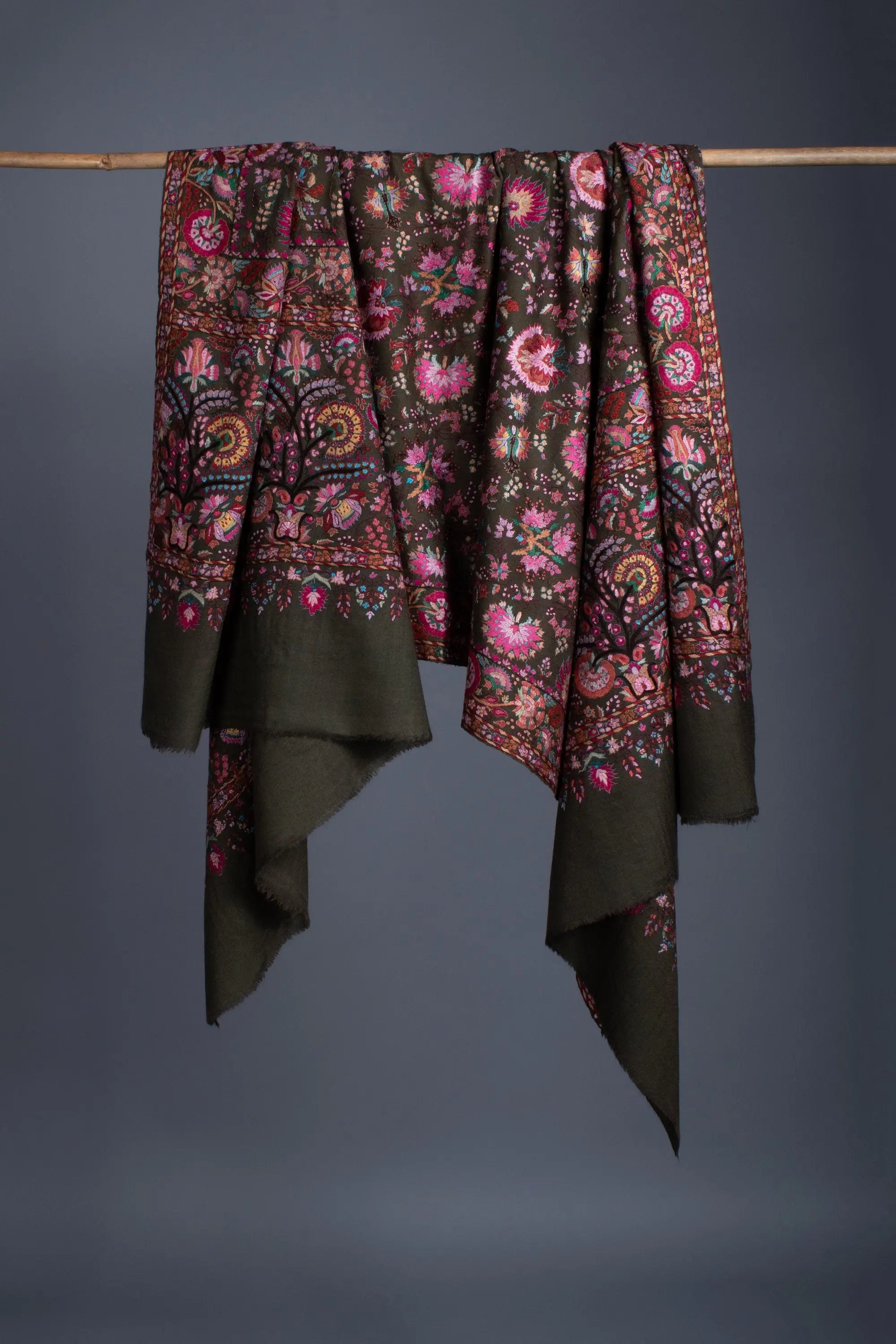 Christmas Gifts, Kashmiri Pashmina Shawl, Luxury Indian Embroidery Wrap, Hand Embroidered Shawl, Exclusive Shawl, 40x80" - CHALKY Shahkaar