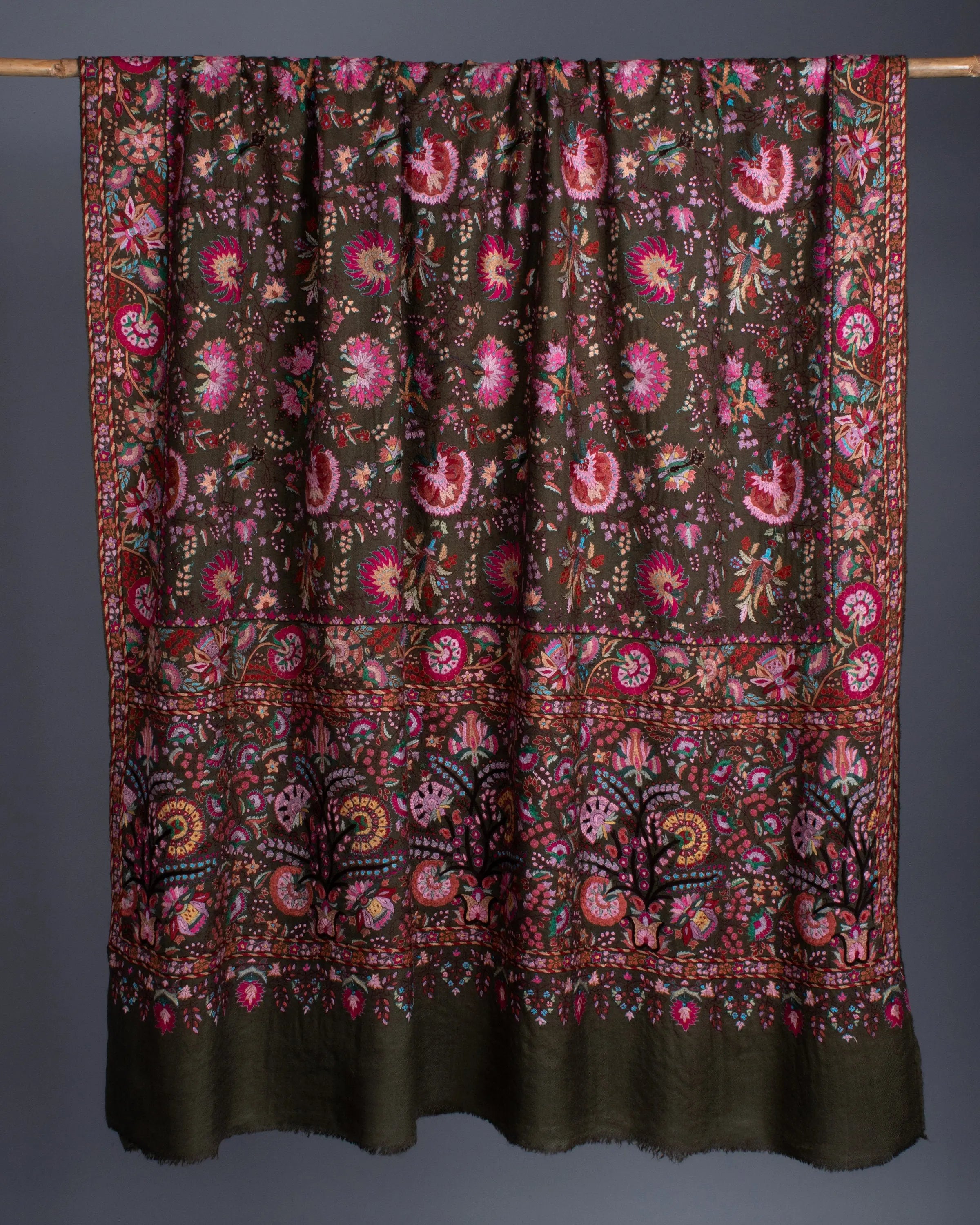 Christmas Gifts, Kashmiri Pashmina Shawl, Luxury Indian Embroidery Wrap, Hand Embroidered Shawl, Exclusive Shawl, 40x80" - CHALKY Shahkaar
