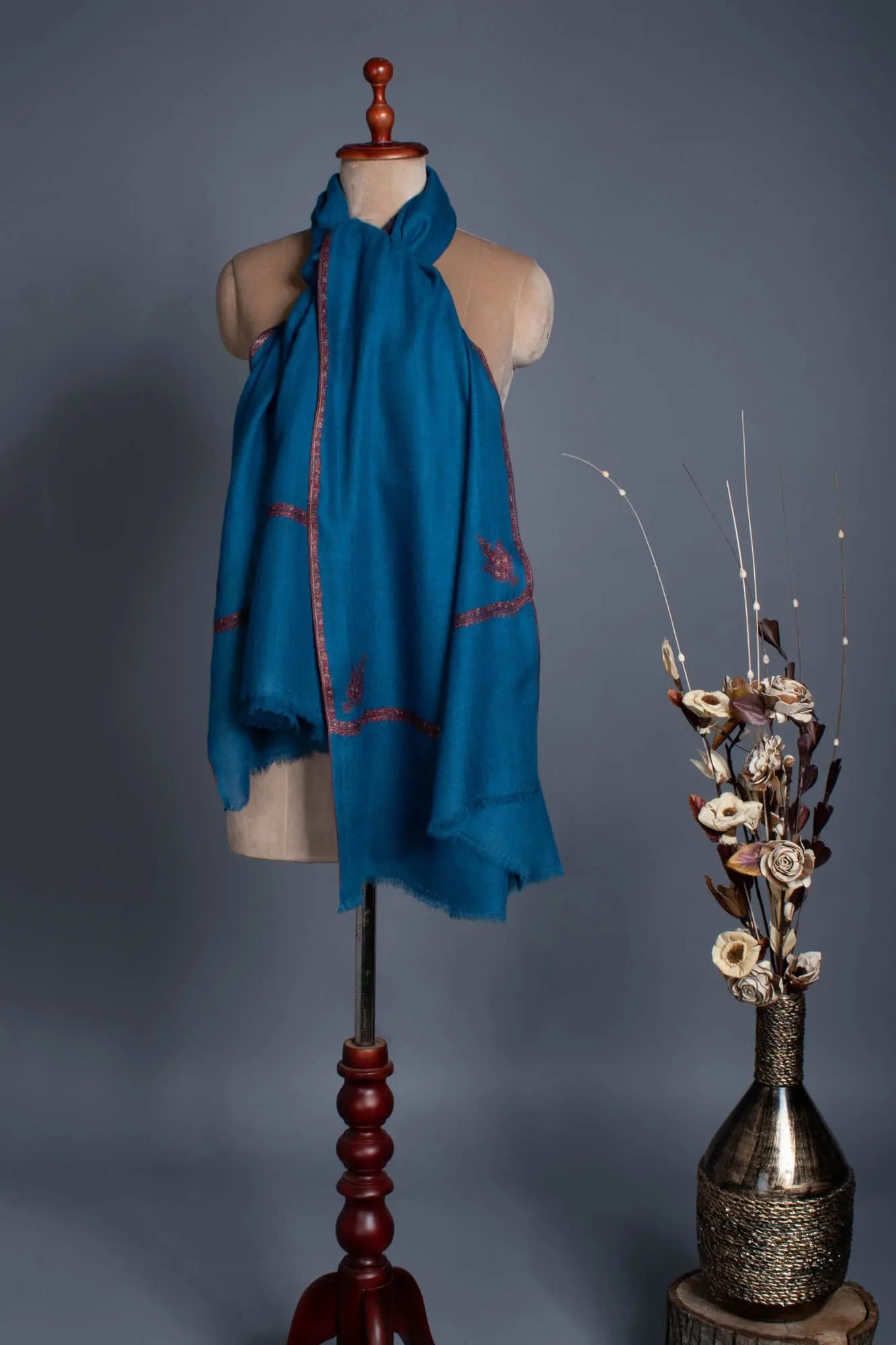 Classic Blue Artistic Pashmina Wrap With Sozni Embroidery - OZARK Shahkaar