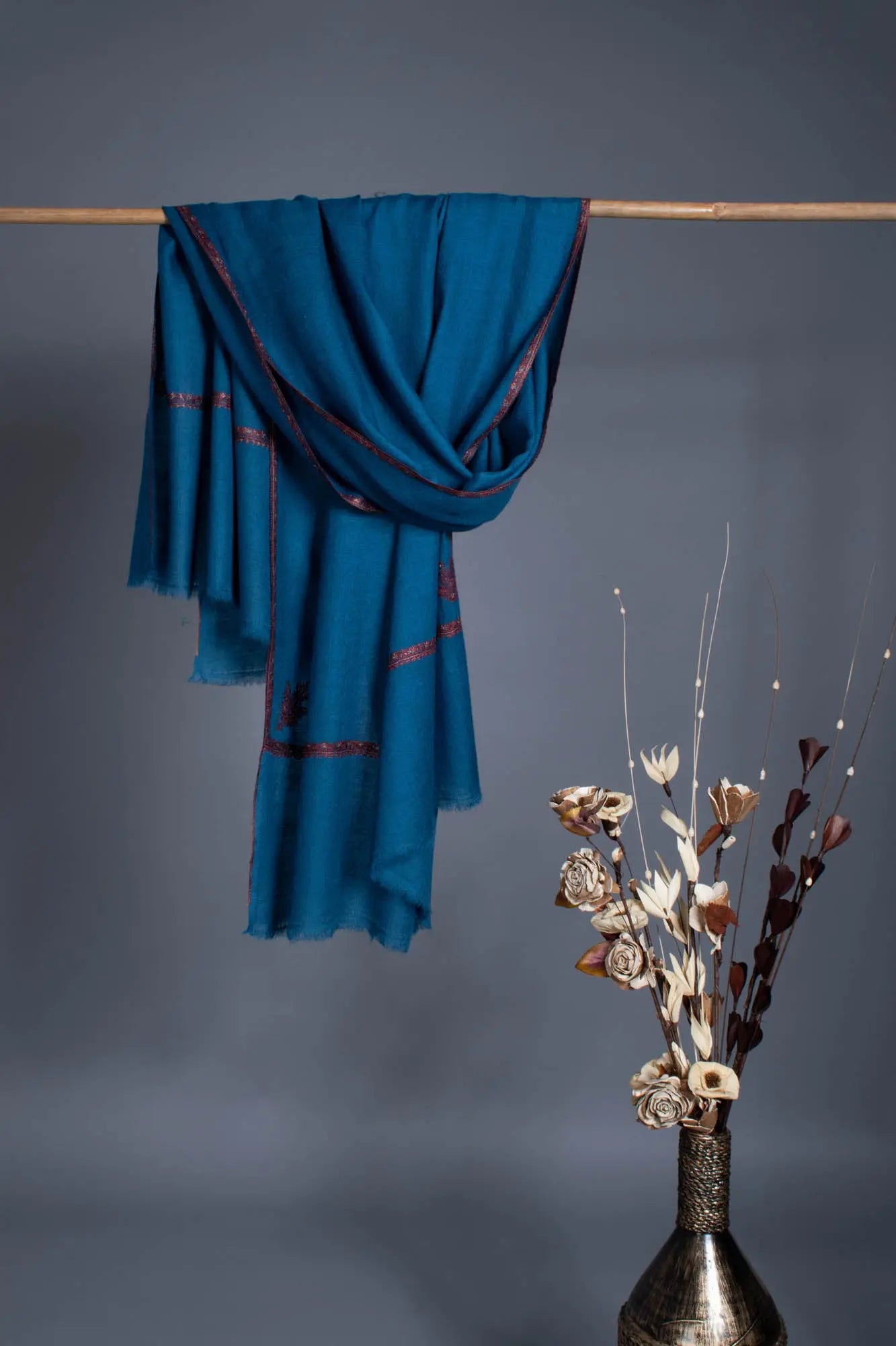 Classic Blue Artistic Pashmina Wrap With Sozni Embroidery - OZARK Shahkaar