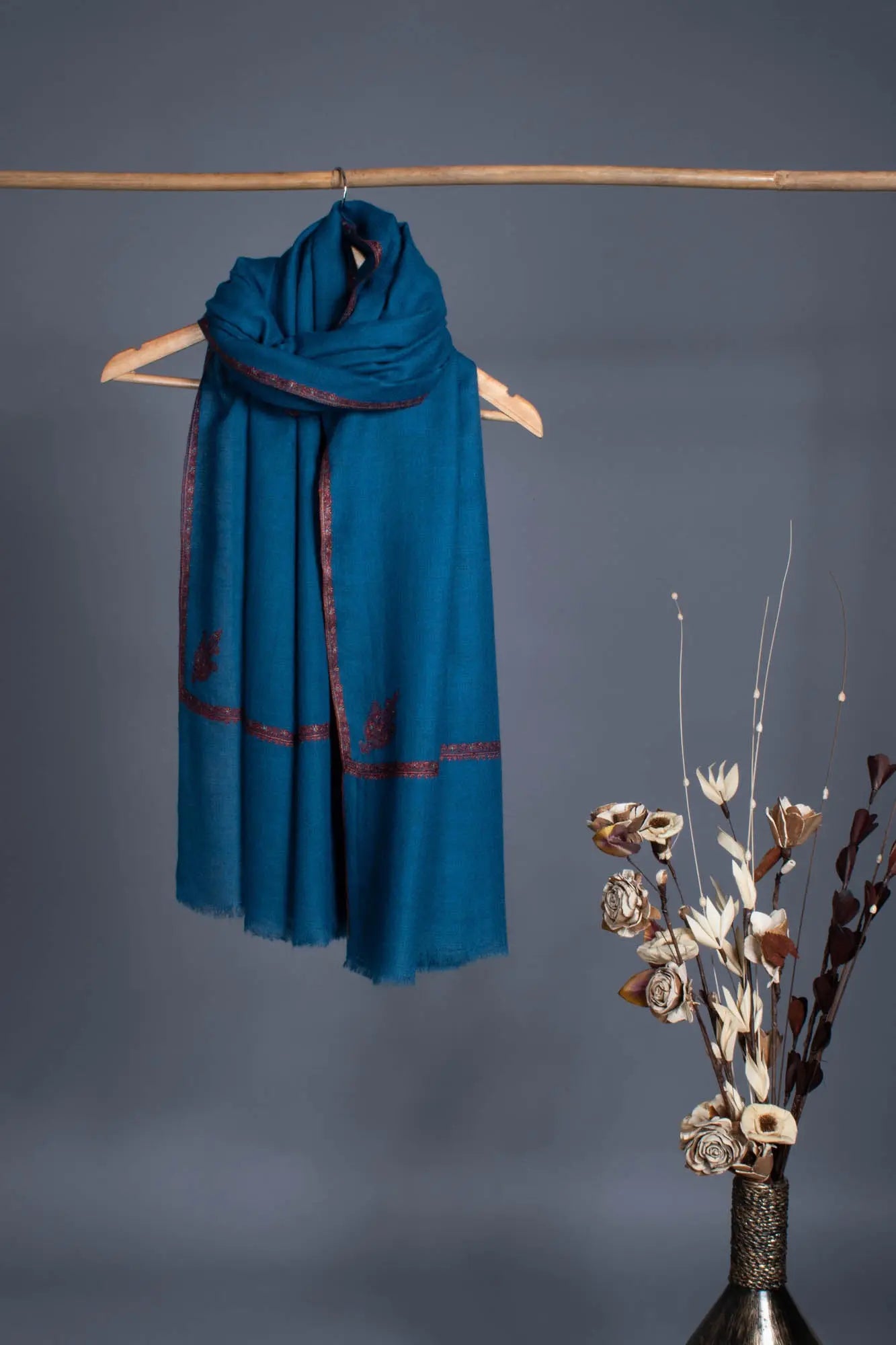 Classic Blue Artistic Pashmina Wrap With Sozni Embroidery - OZARK Shahkaar