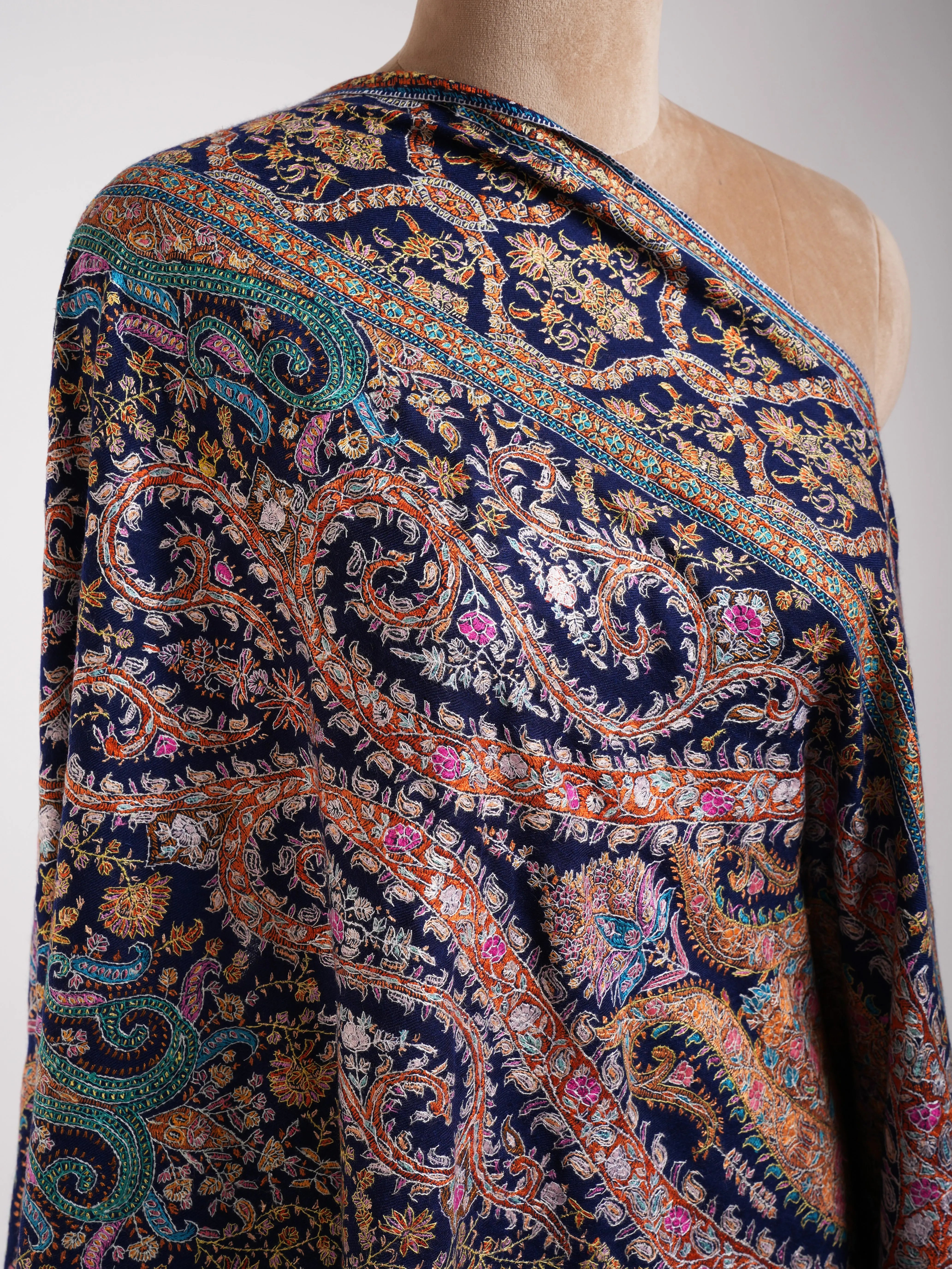 Classic Blue Hand Embroidered Kashmiri Jamavar Shawl Shahkaar