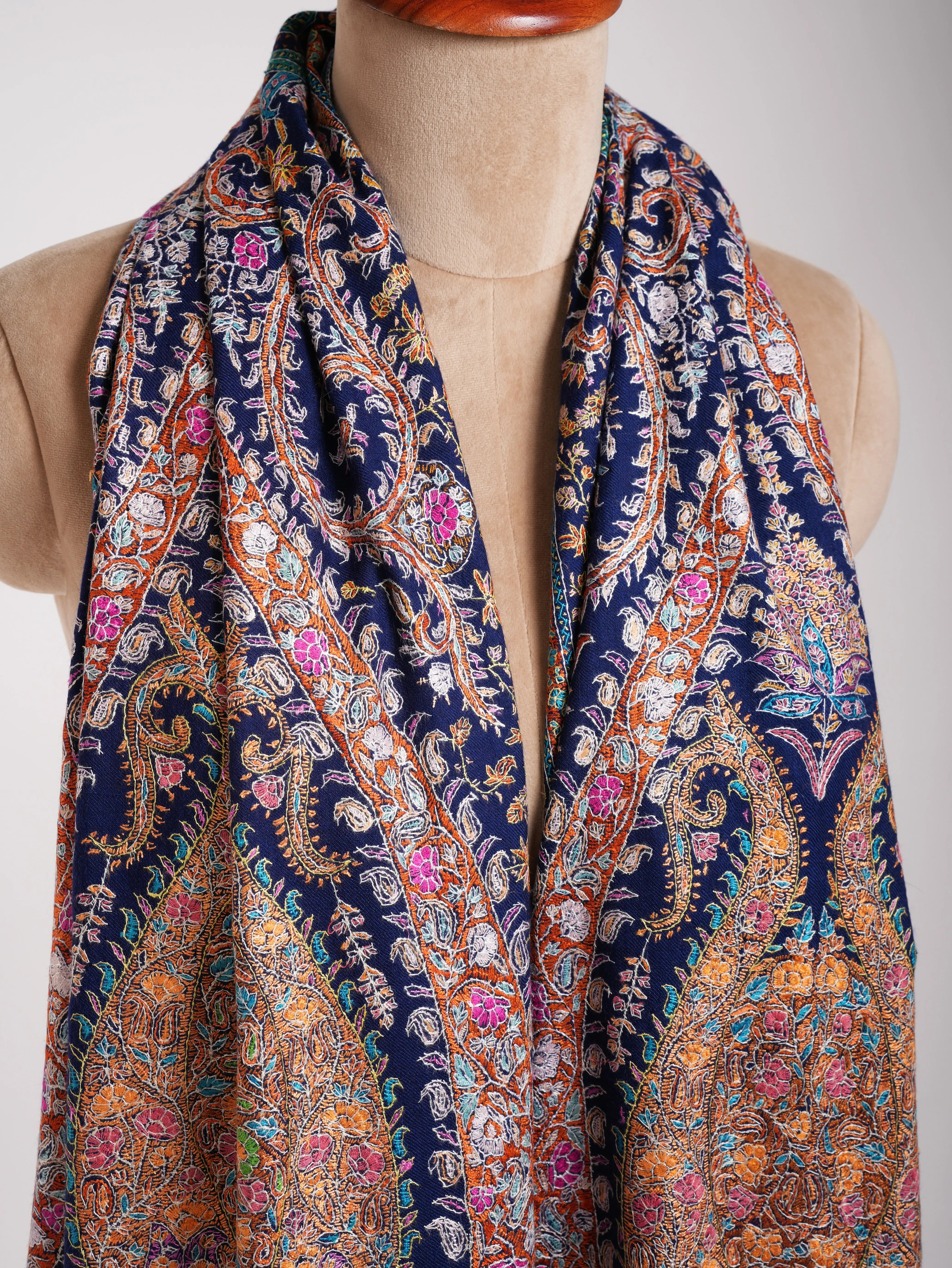 Classic Blue Hand Embroidered Kashmiri Jamavar Shawl Shahkaar
