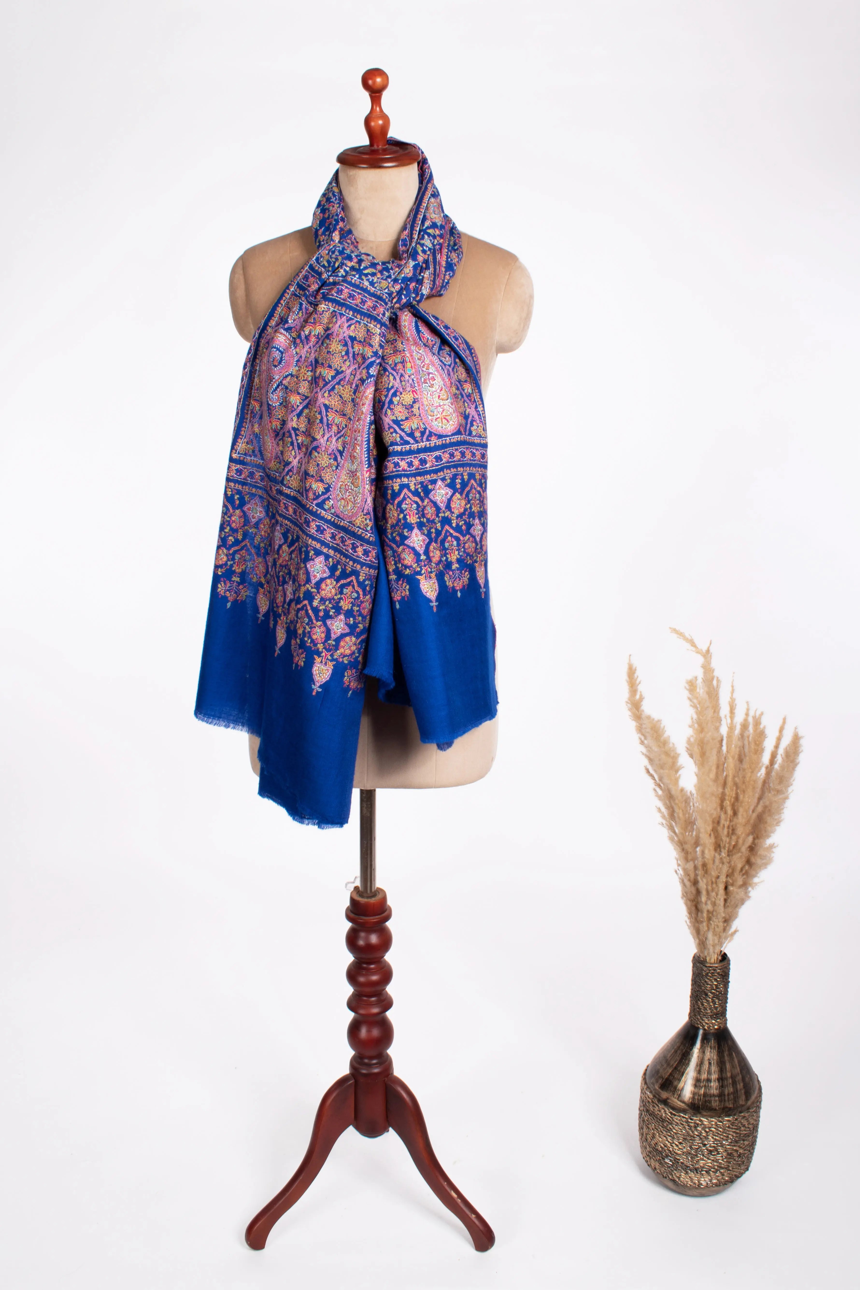 Cobalt Blue Bridal Jamavar Pashmina Shawl Shahkaar
