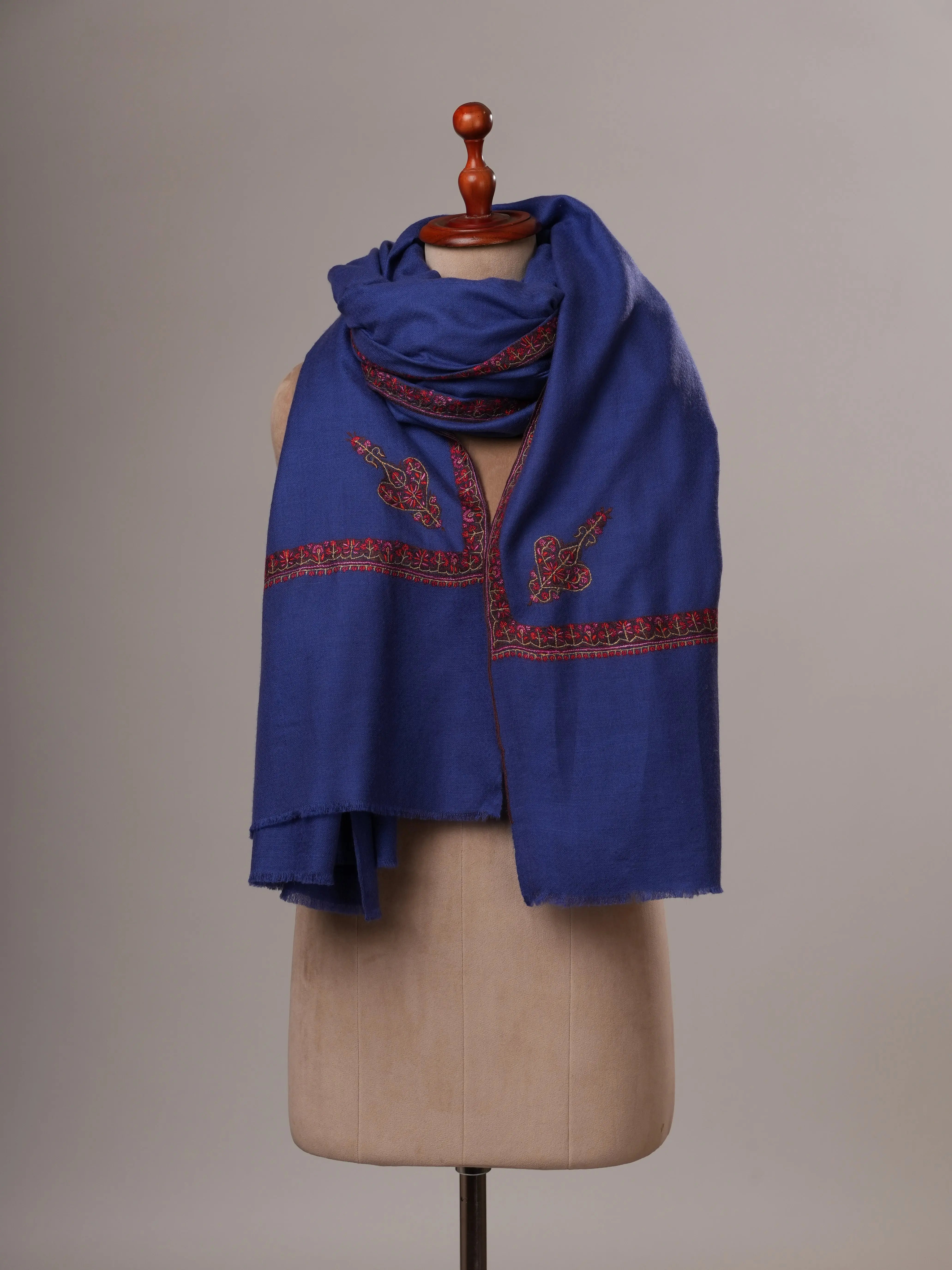 Cobalt Blue Handwoven Pure Pashmina Shawl with Hashia Embroidery Shahkaar