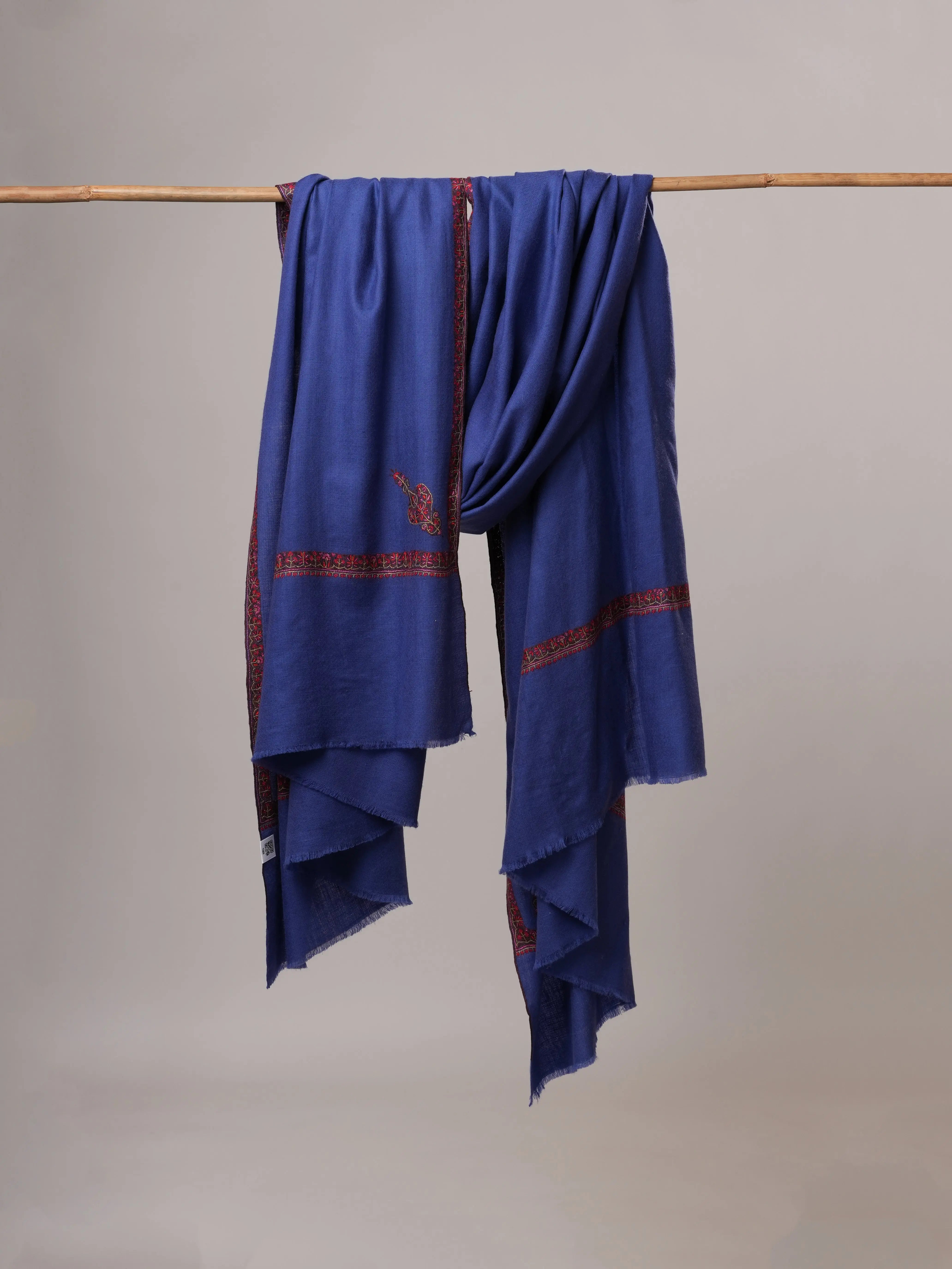 Cobalt Blue Handwoven Pure Pashmina Shawl with Hashia Embroidery Shahkaar