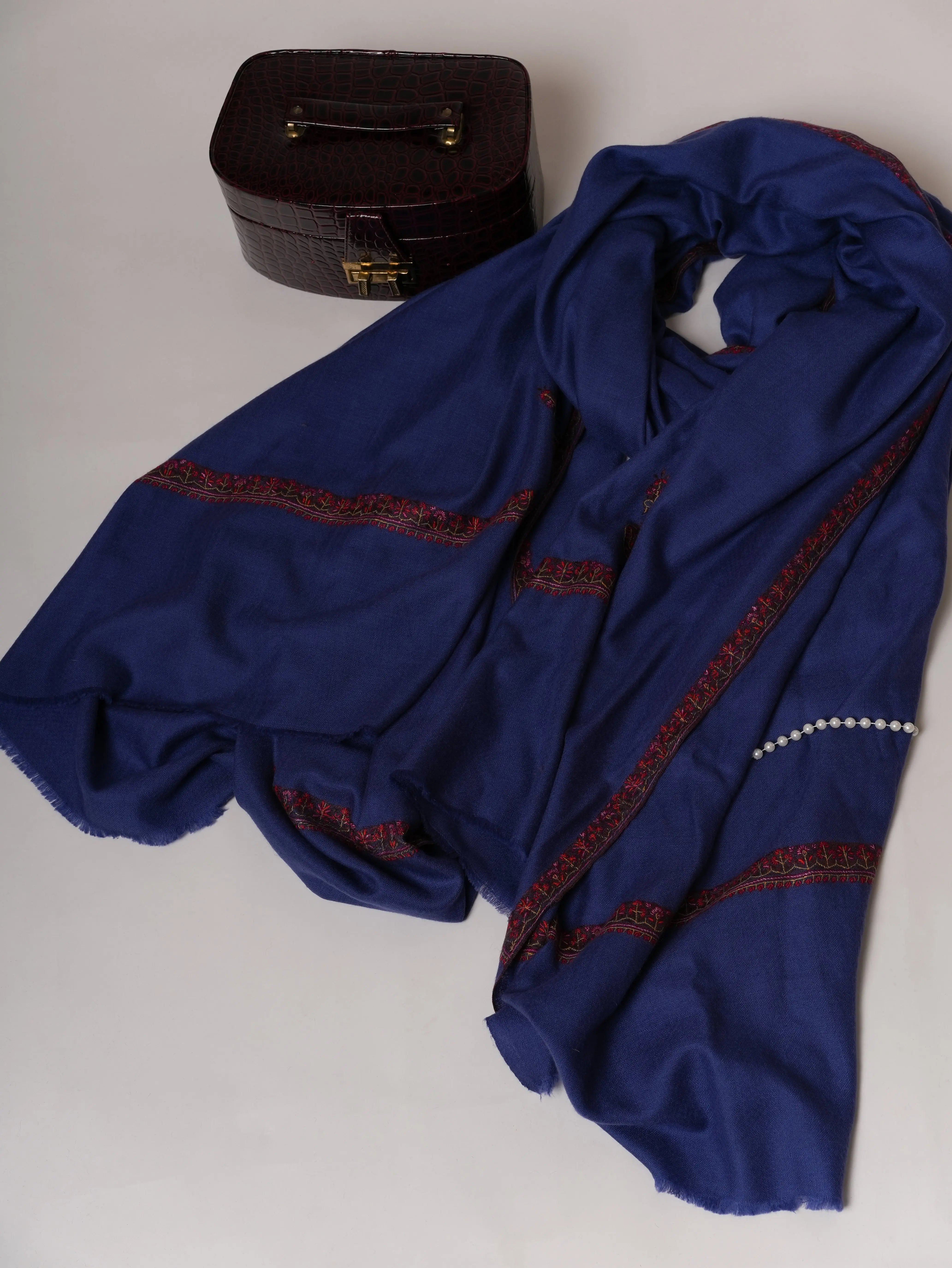Cobalt Blue Handwoven Pure Pashmina Shawl with Hashia Embroidery Shahkaar