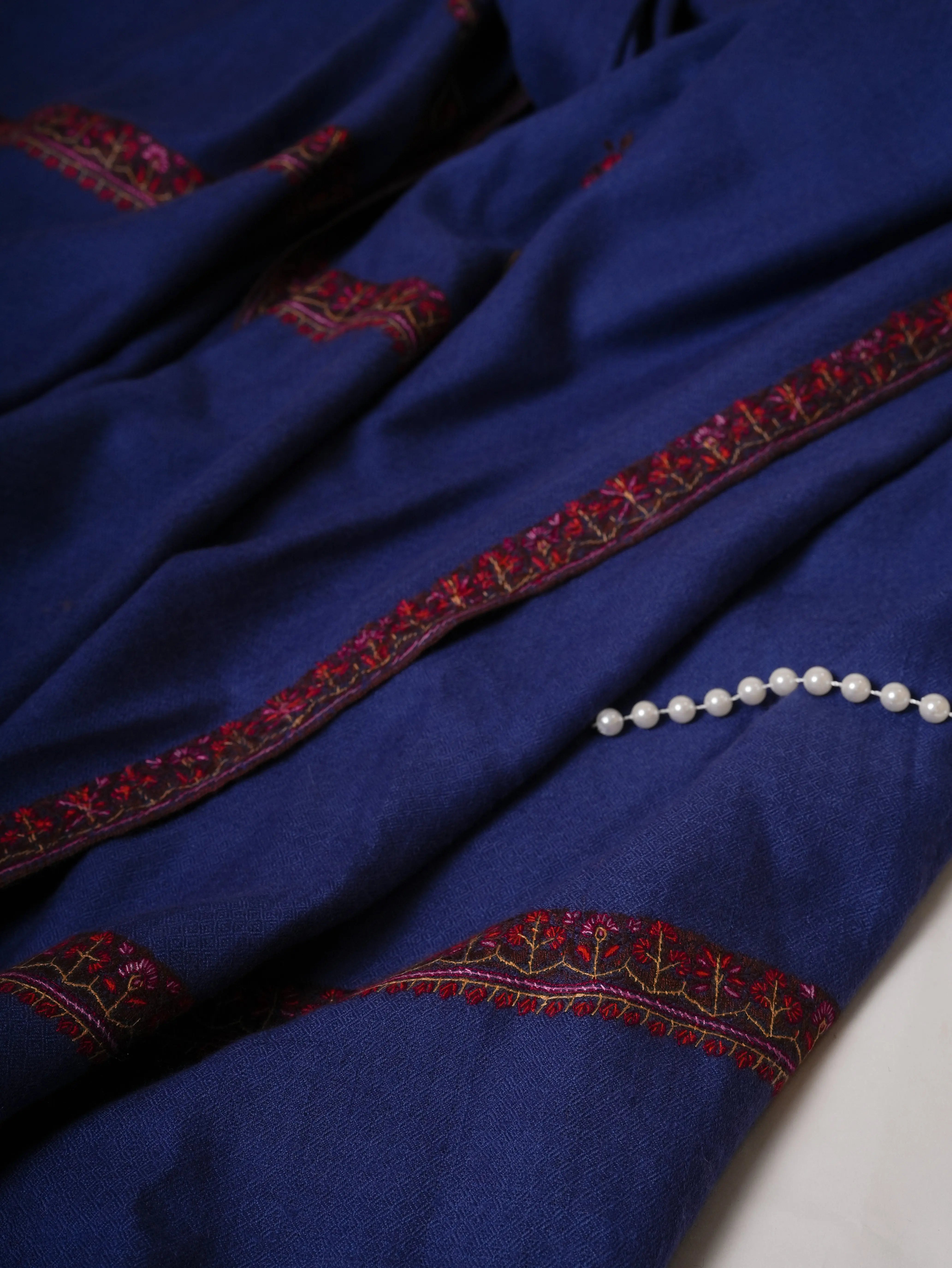 Cobalt Blue Handwoven Pure Pashmina Shawl with Hashia Embroidery Shahkaar