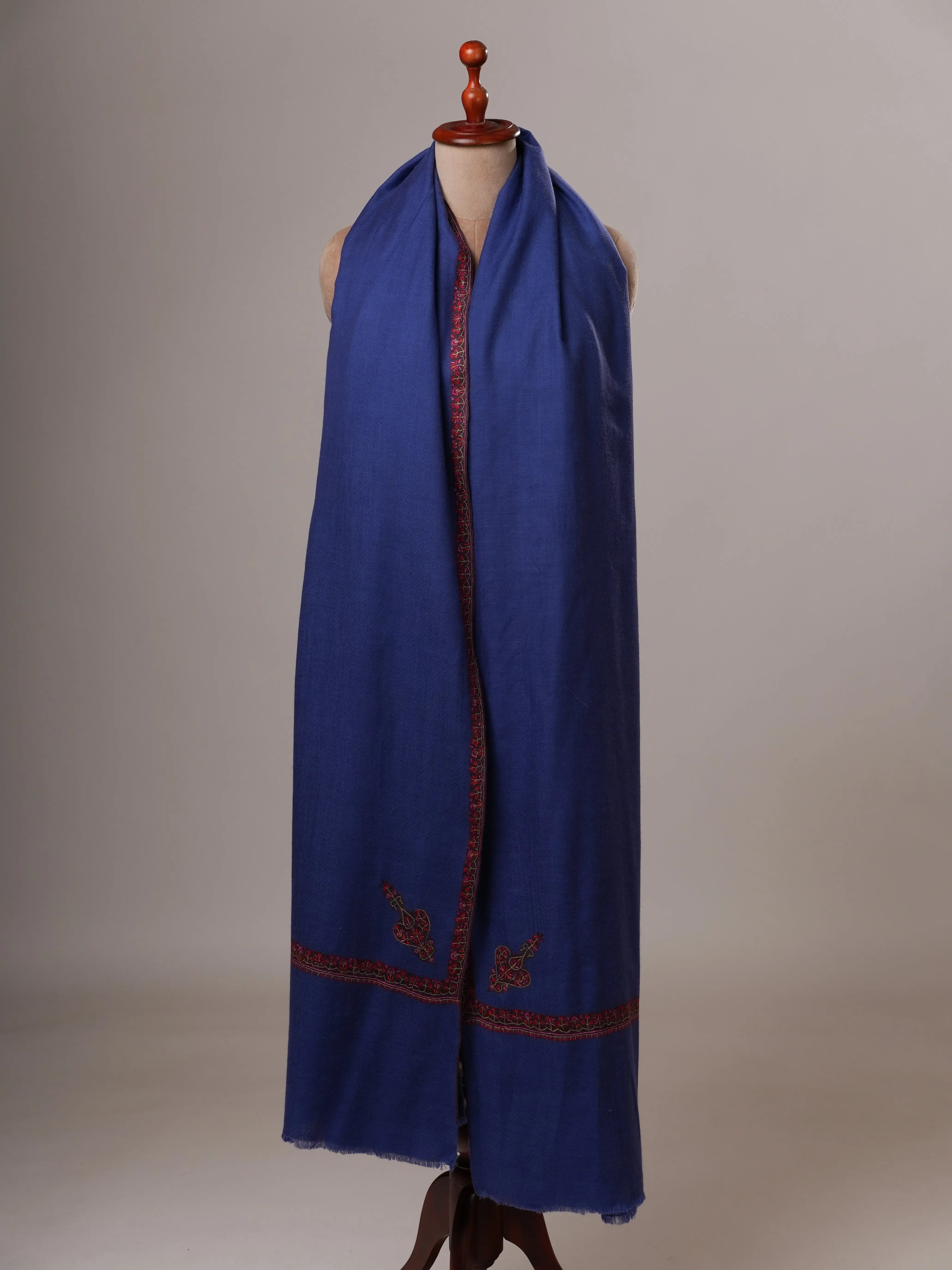 Cobalt Blue Handwoven Pure Pashmina Shawl with Hashia Embroidery Shahkaar