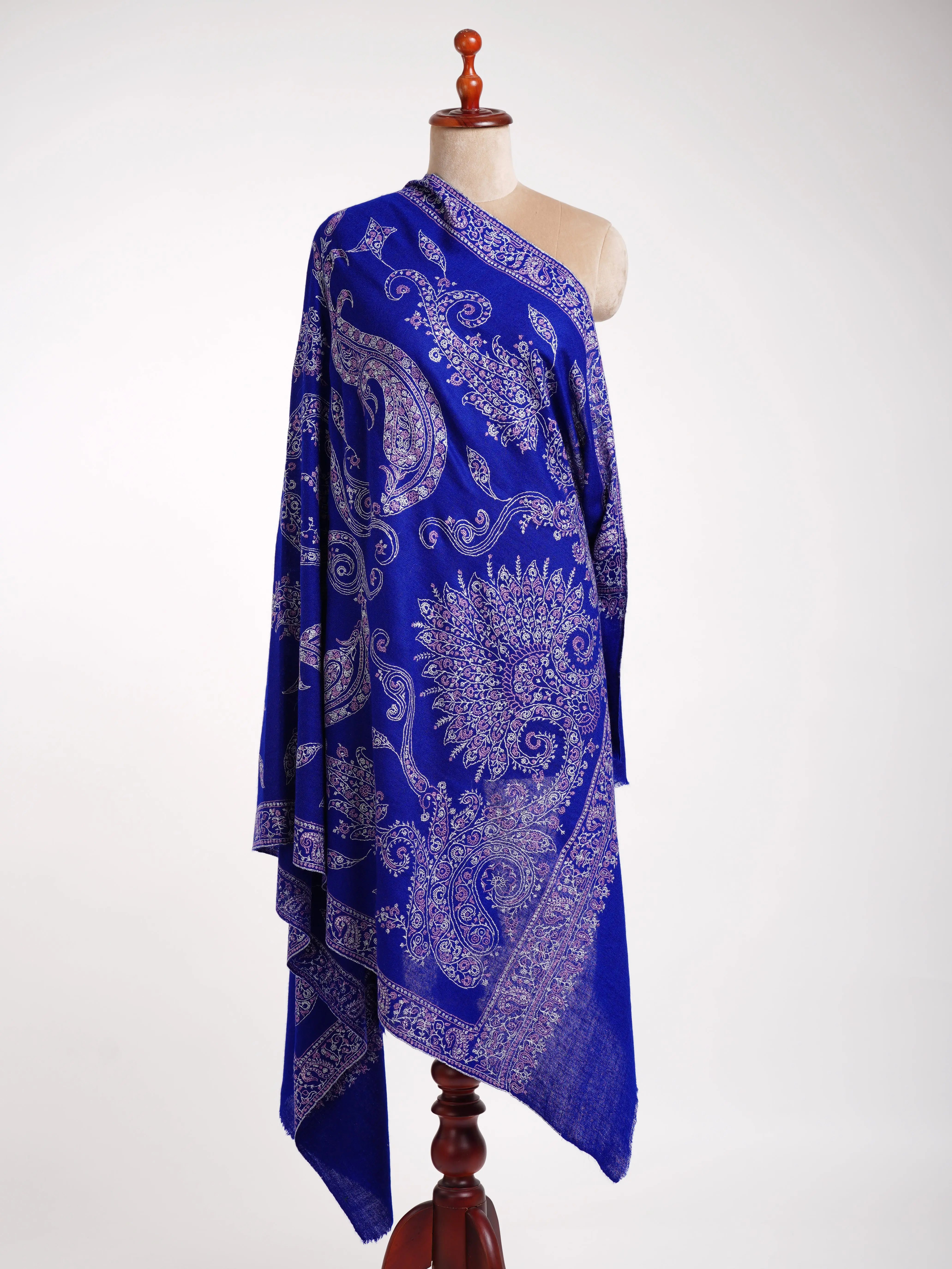 Cobalt Blue Indian Sozni Embroidered Pashmina Shawl Shahkaar