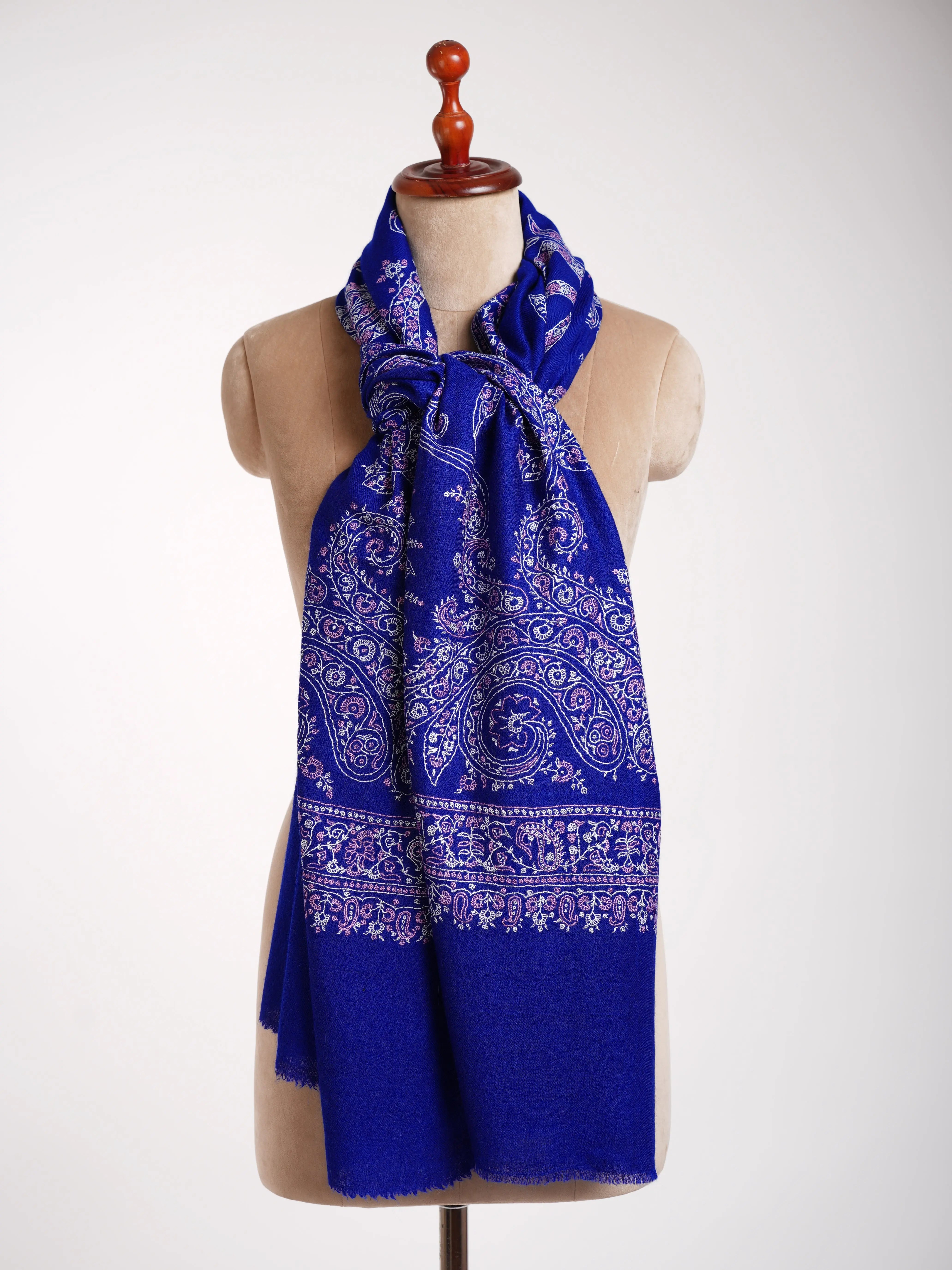 Cobalt Blue Indian Sozni Embroidered Pashmina Shawl Shahkaar