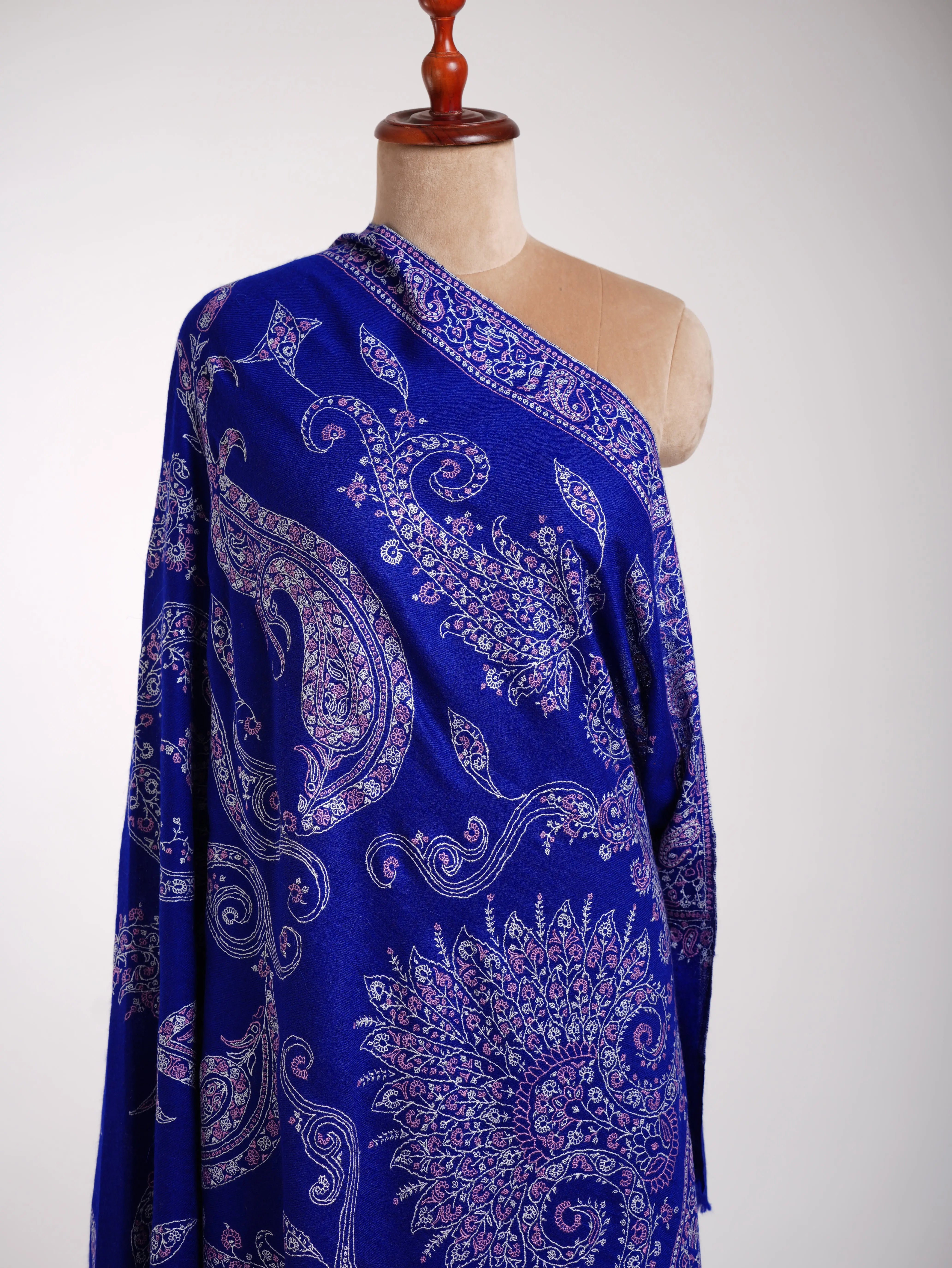 Cobalt Blue Indian Sozni Embroidered Pashmina Shawl Shahkaar