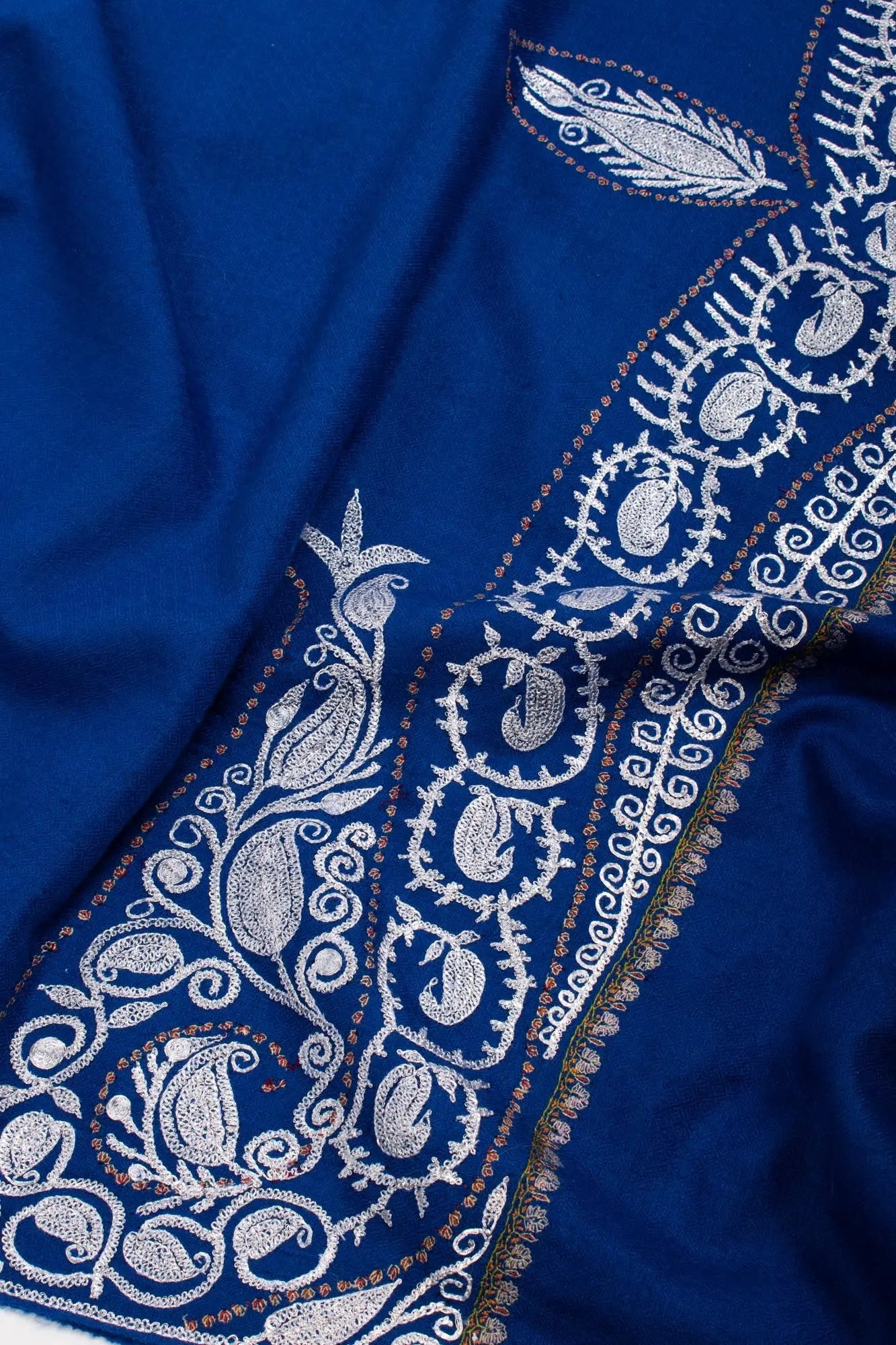 Cobalt Blue Pashmina Wrap featuring Silver Tilla Embroidery. Shahkaar