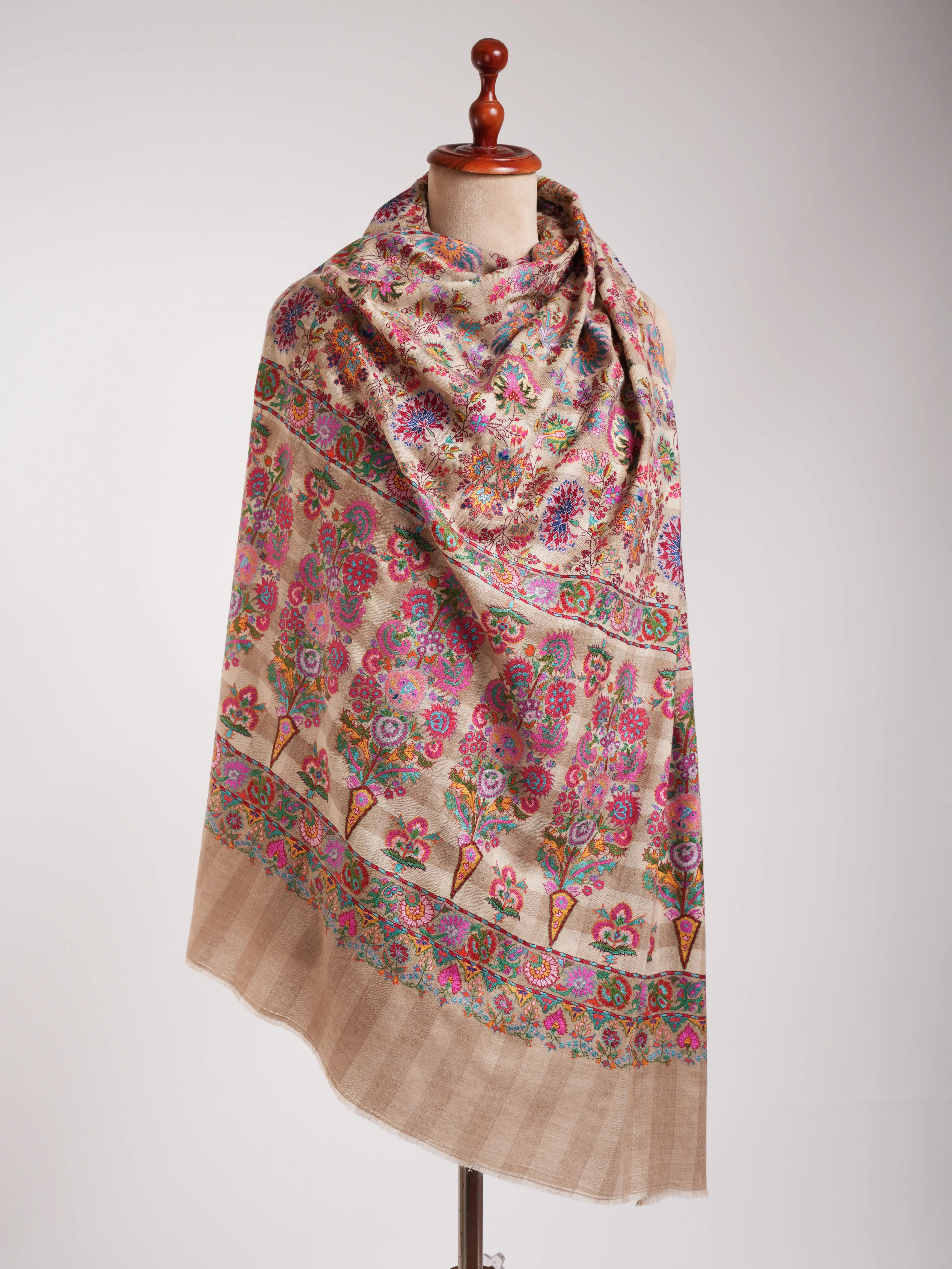 Colorful Mughal Motif Indian Pashmina Handmade Jamavar Shawl Shahkaar