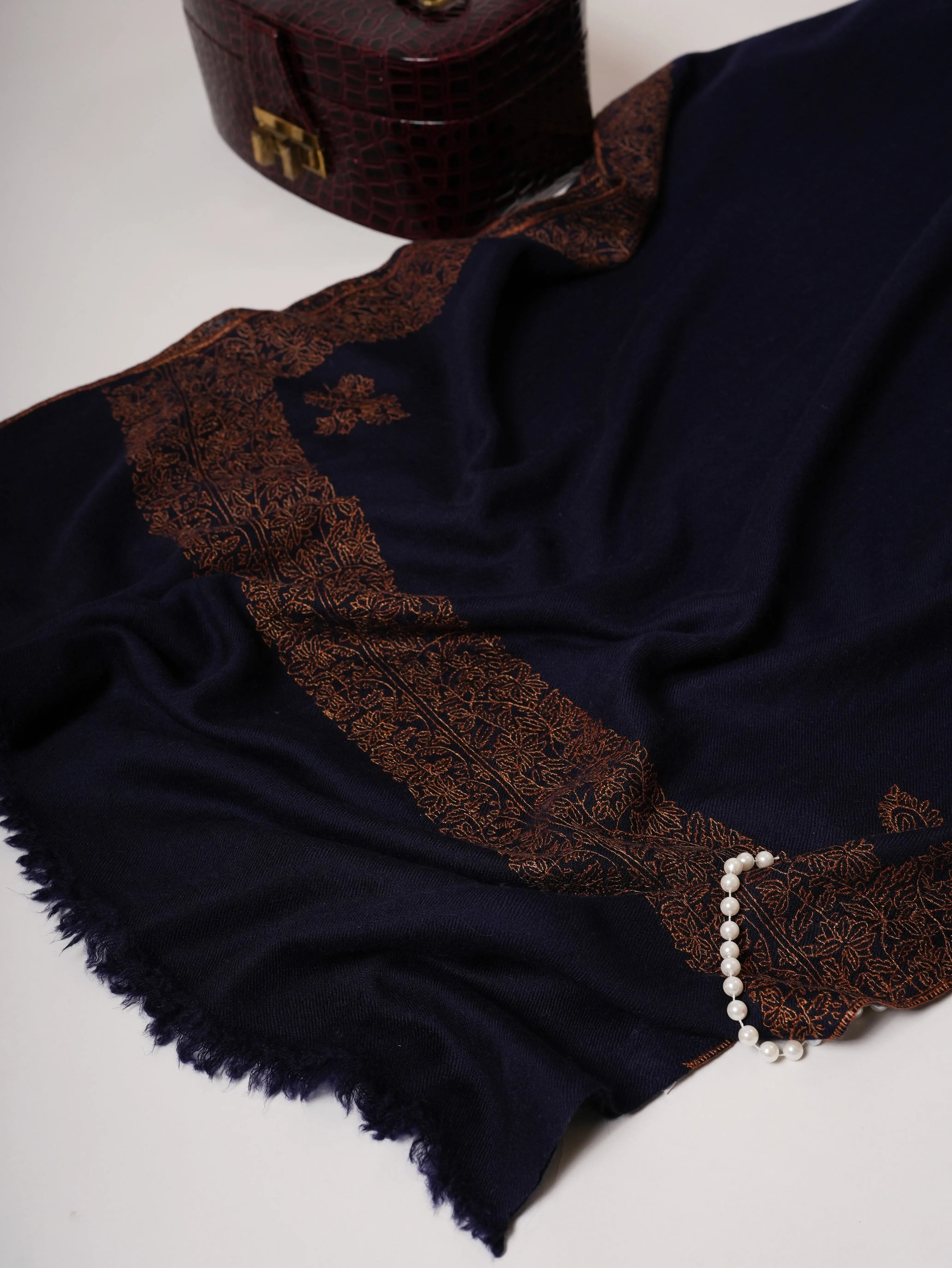 Contemporary Dark Blue Cashmere Scarf with Handcrafted Daur Embroidery Shahkaar