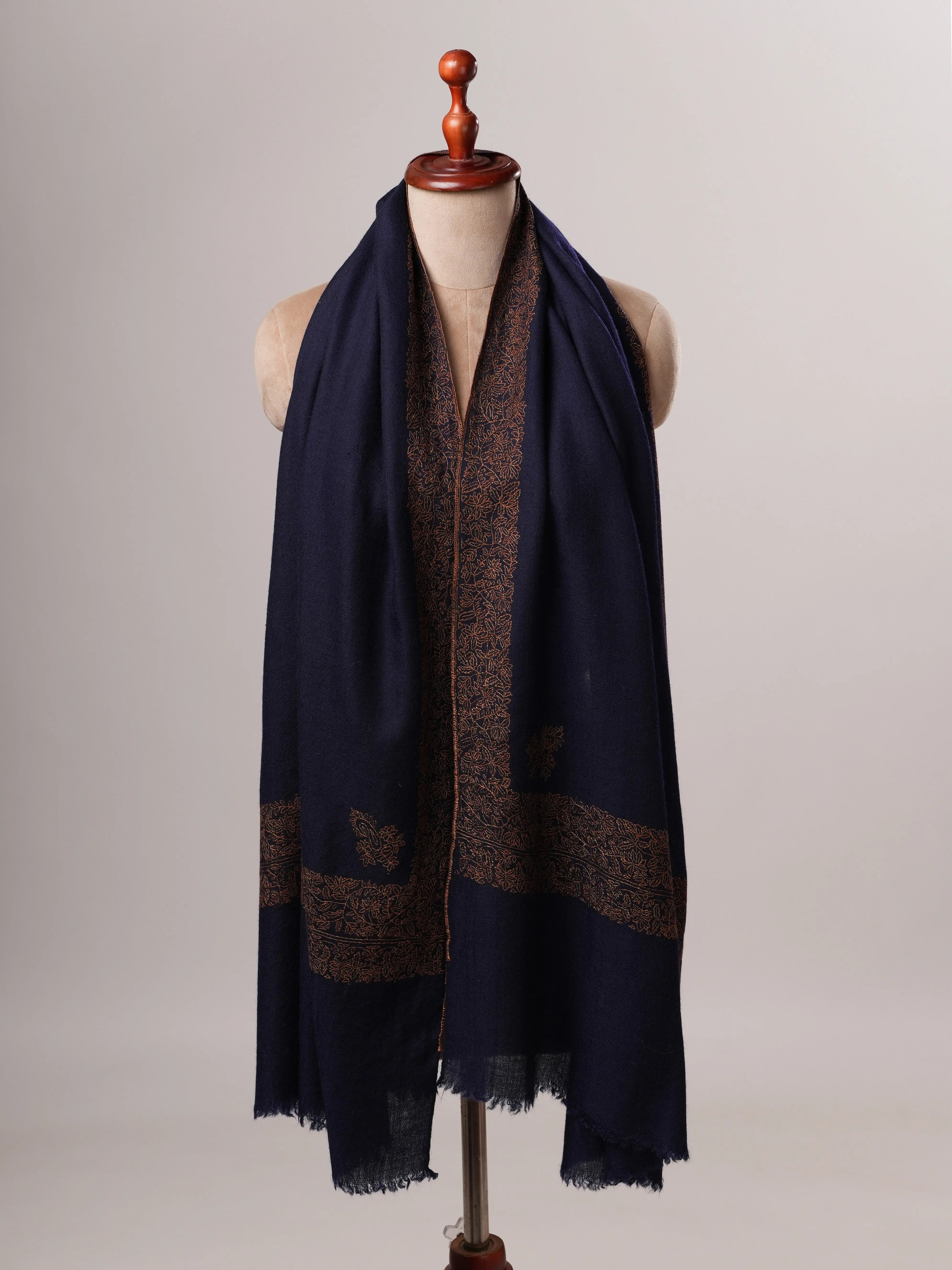 Contemporary Dark Blue Cashmere Scarf with Handcrafted Daur Embroidery Shahkaar