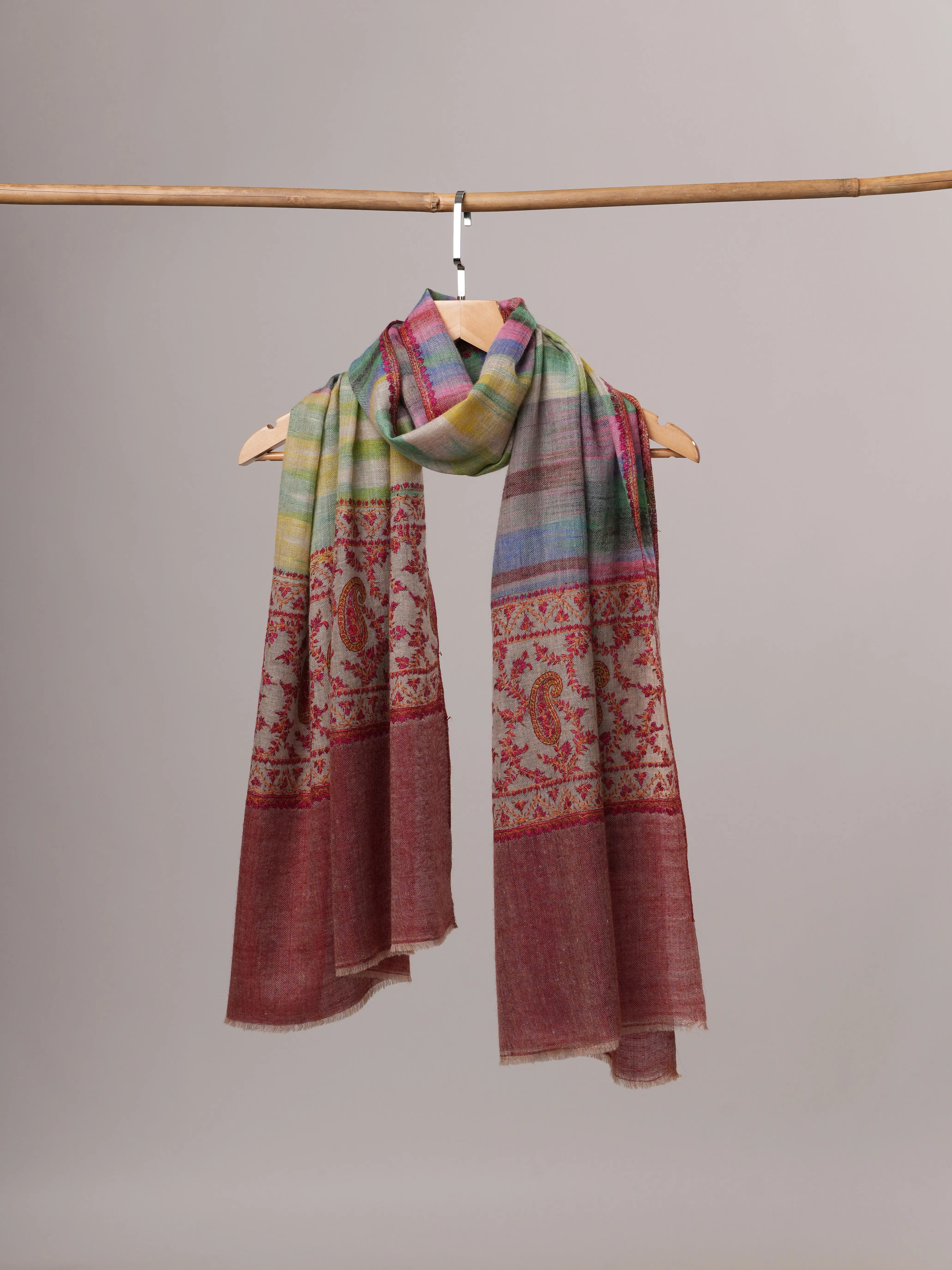 Contemporary Ikat Cashmere Scarf with Handcrafted Palla Embroidery Shahkaar