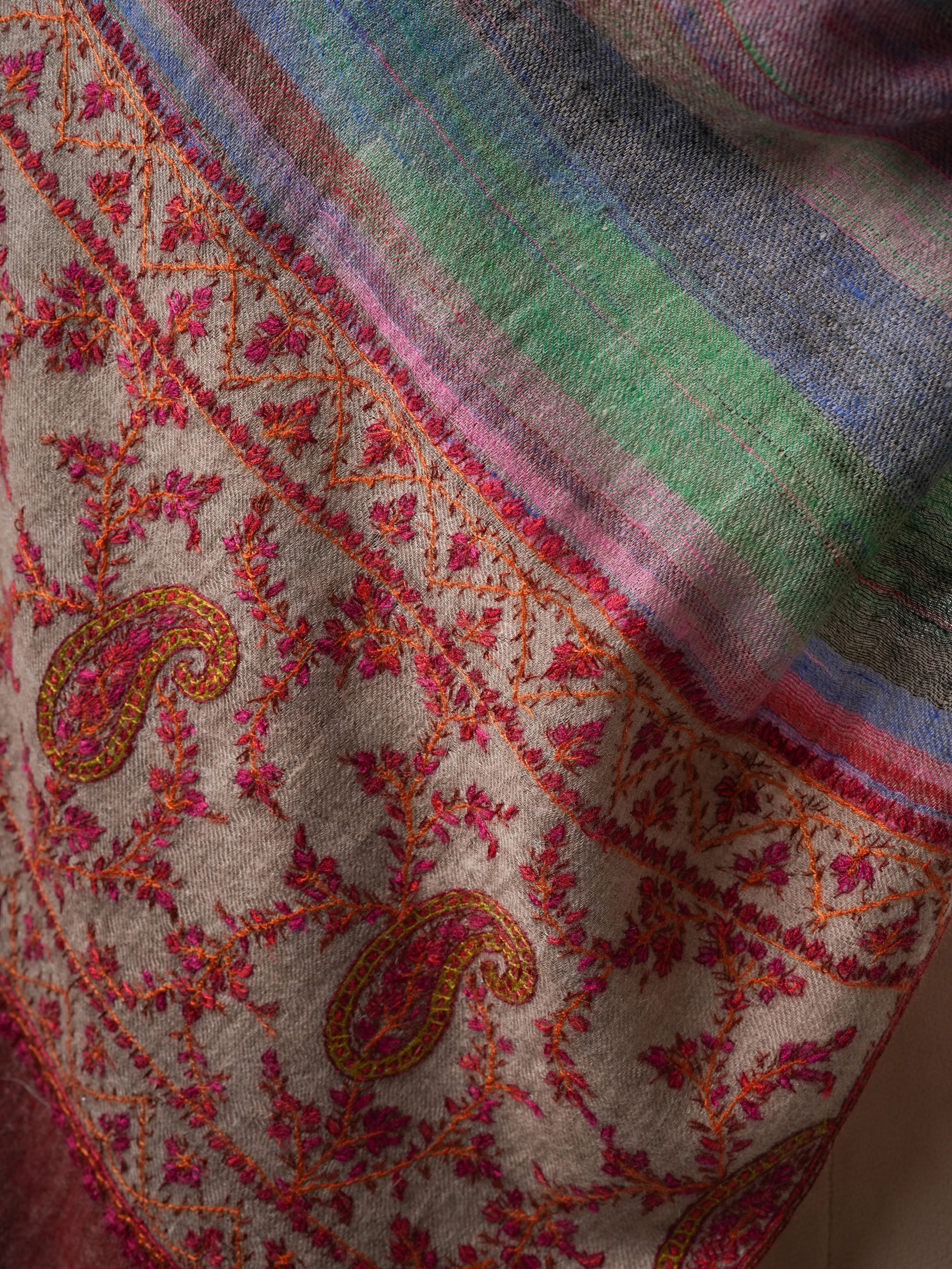 Contemporary Ikat Cashmere Scarf with Handcrafted Palla Embroidery Shahkaar