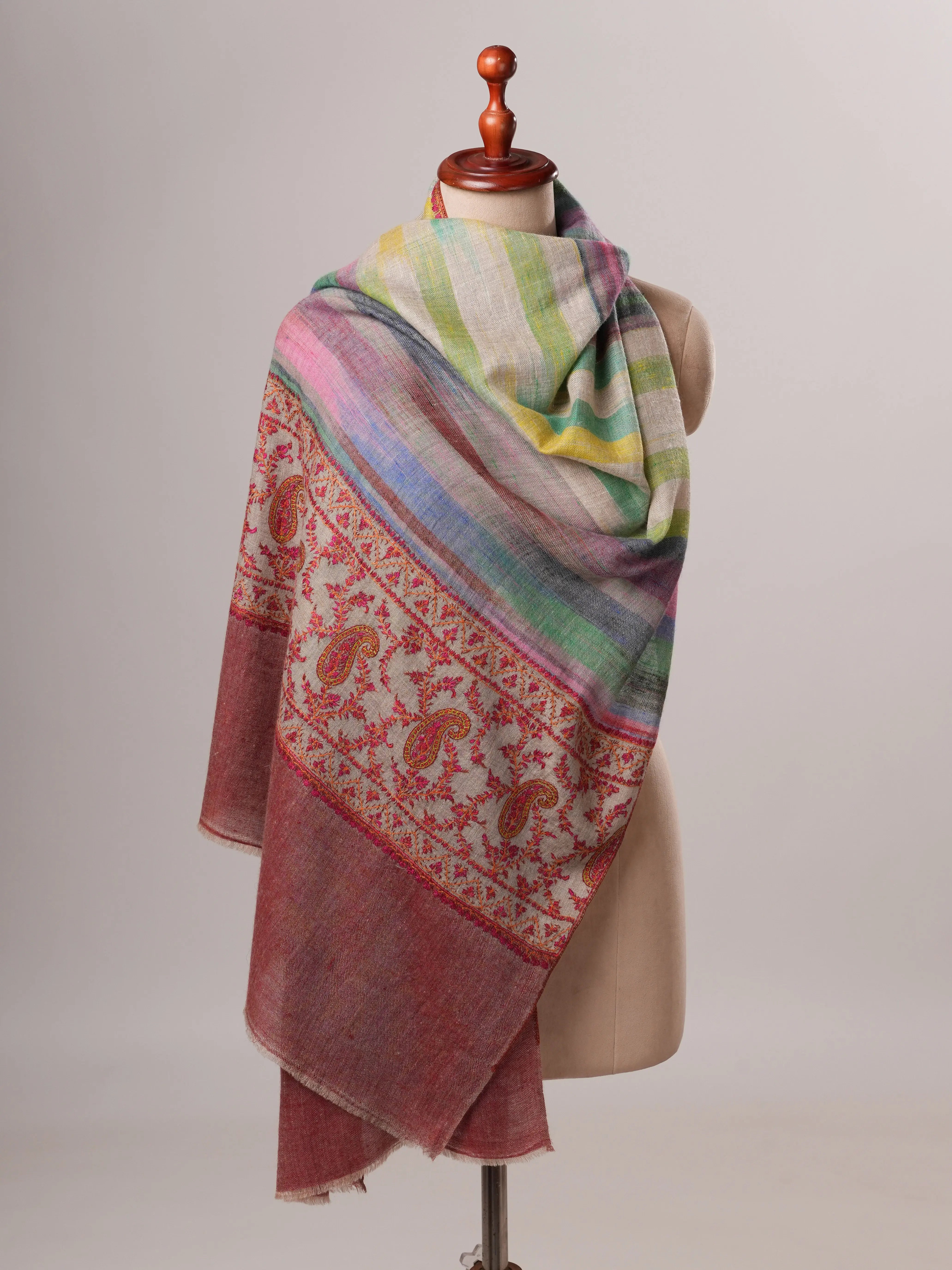 Contemporary Ikat Cashmere Scarf with Handcrafted Palla Embroidery Shahkaar