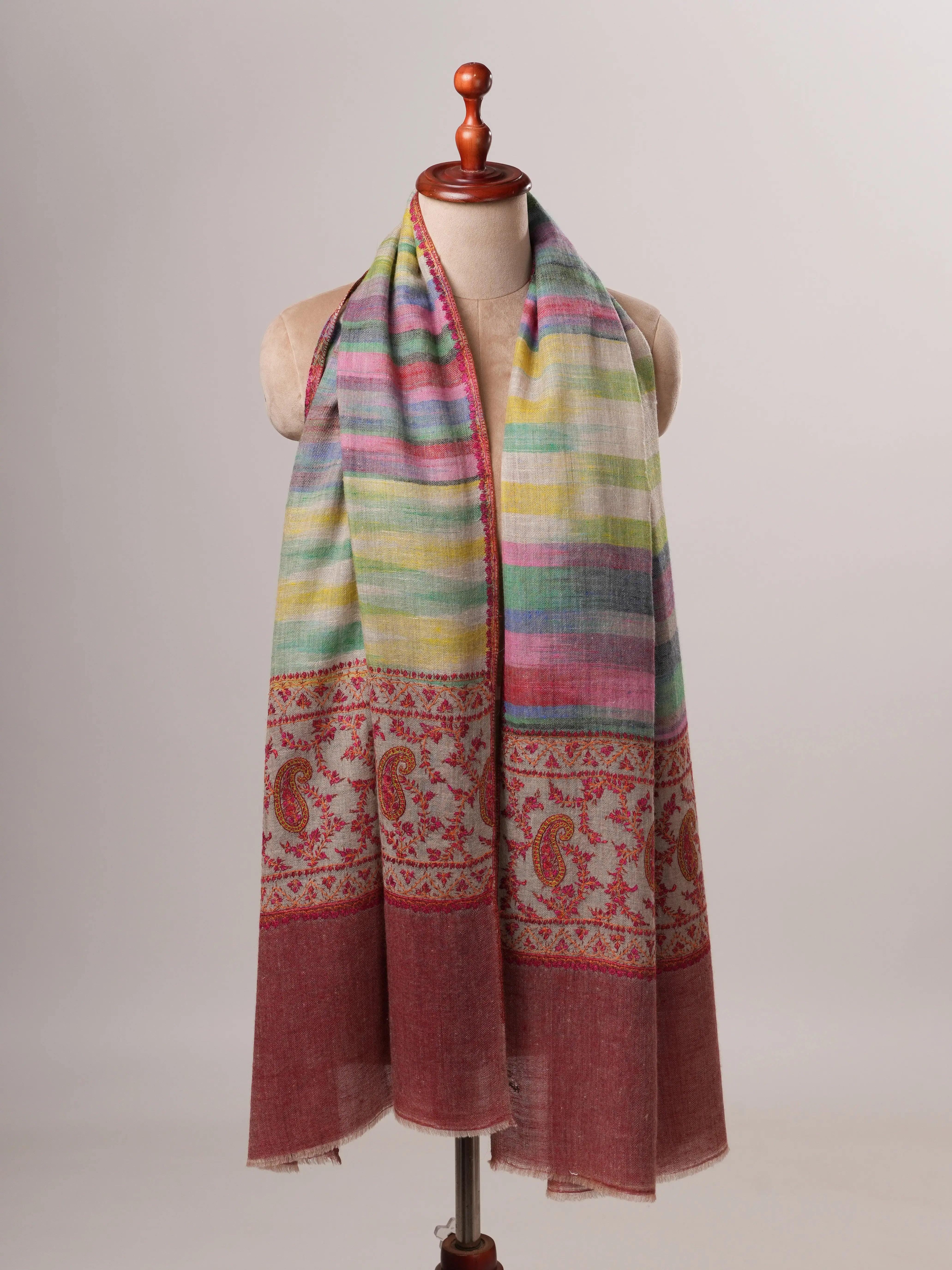 Contemporary Ikat Cashmere Scarf with Handcrafted Palla Embroidery Shahkaar