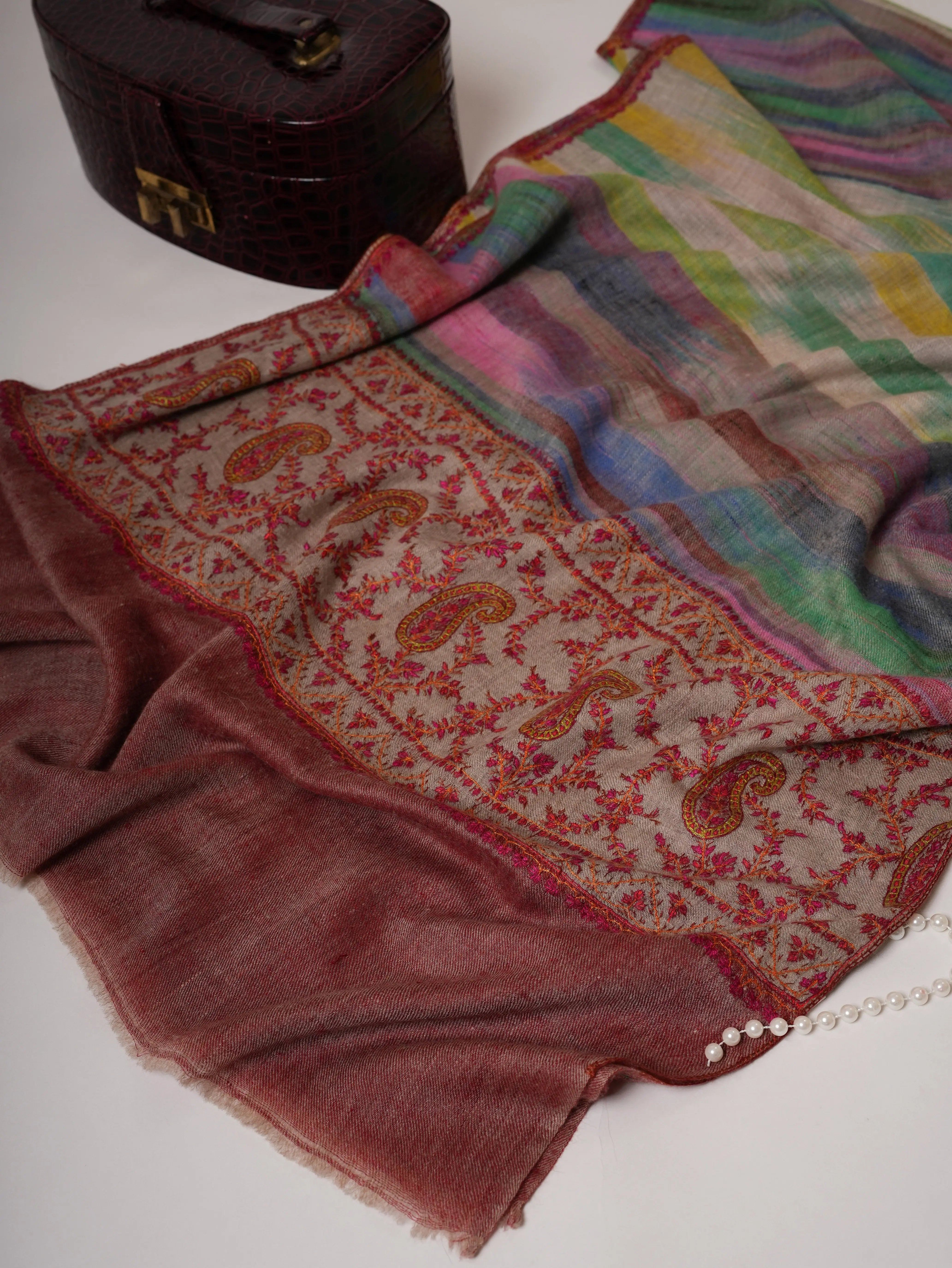 Contemporary Ikat Cashmere Scarf with Handcrafted Palla Embroidery Shahkaar