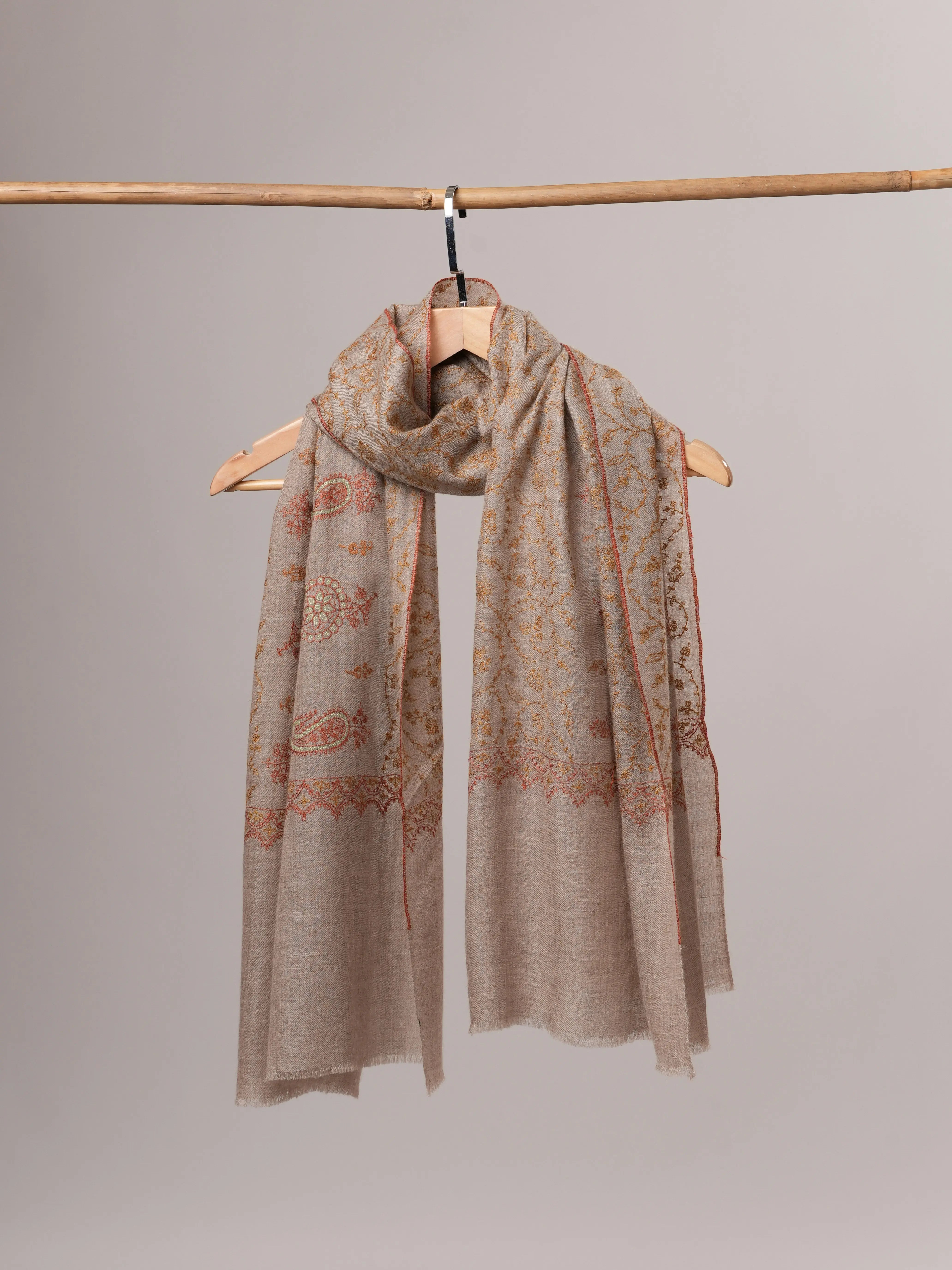 Contemporary Natural Grey Cashmere Scarf with All Over Embroidery Shahkaar