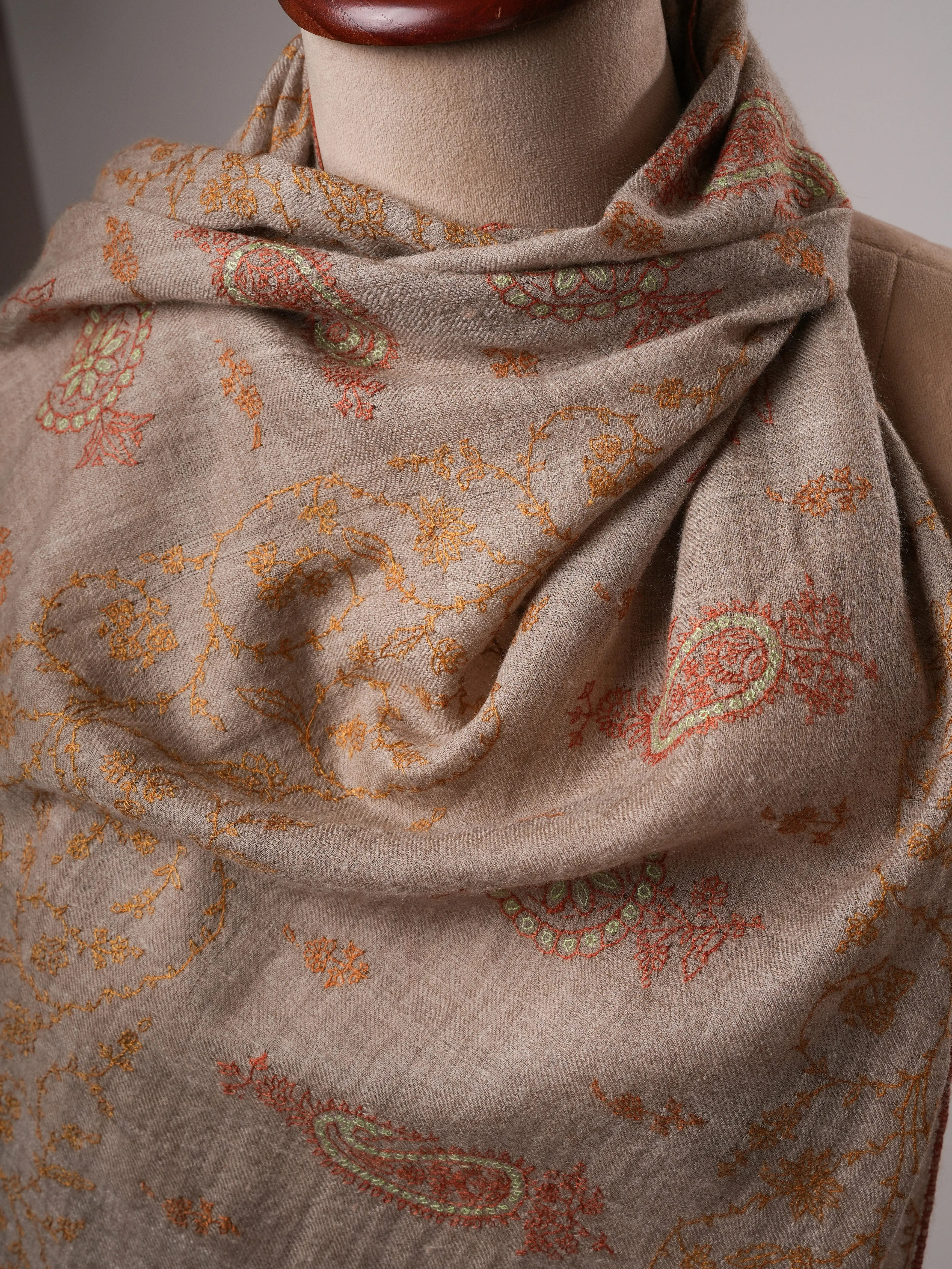 Contemporary Natural Grey Cashmere Scarf with All Over Embroidery Shahkaar