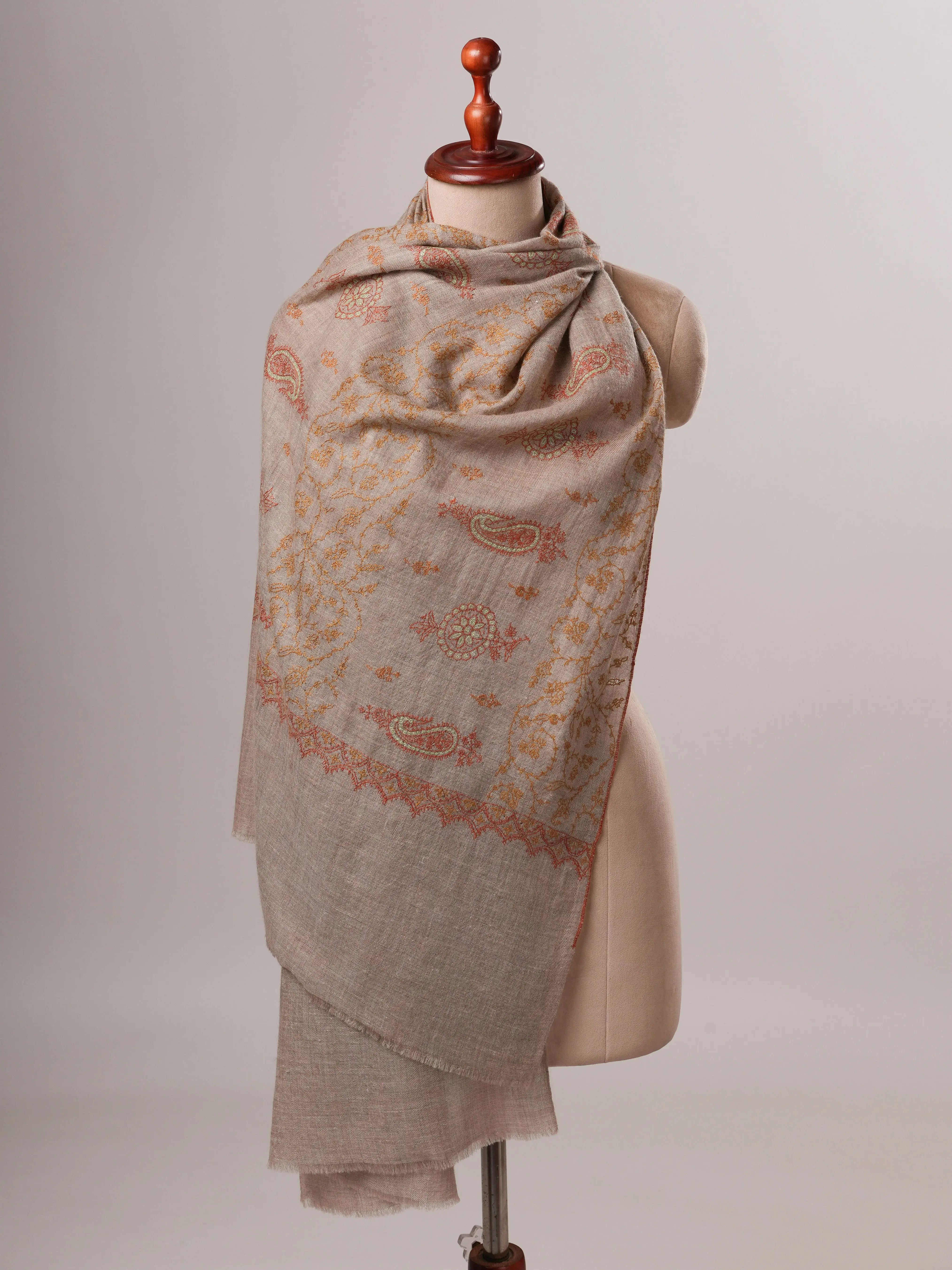 Contemporary Natural Grey Cashmere Scarf with All Over Embroidery Shahkaar