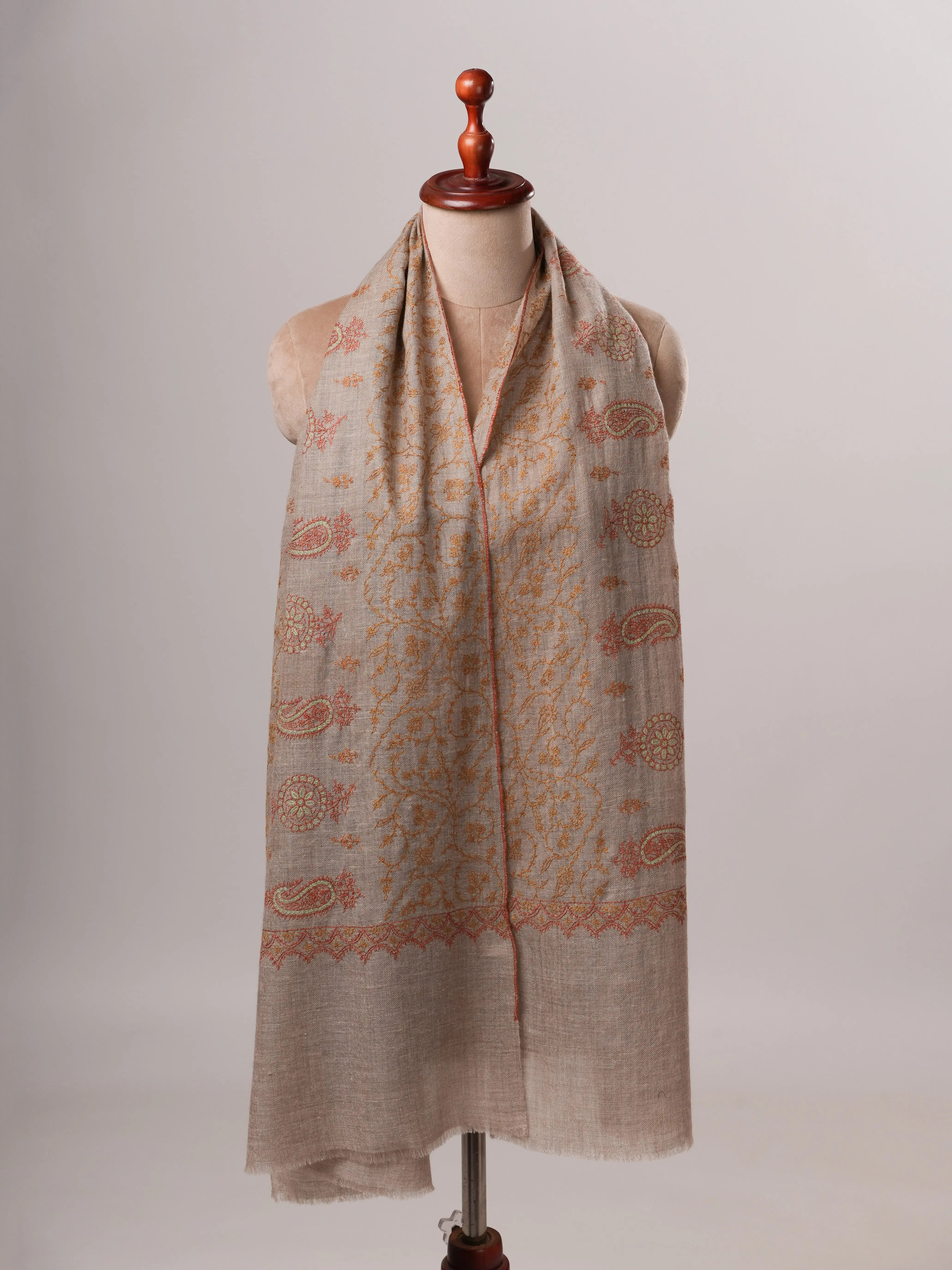 Contemporary Natural Grey Cashmere Scarf with All Over Embroidery Shahkaar