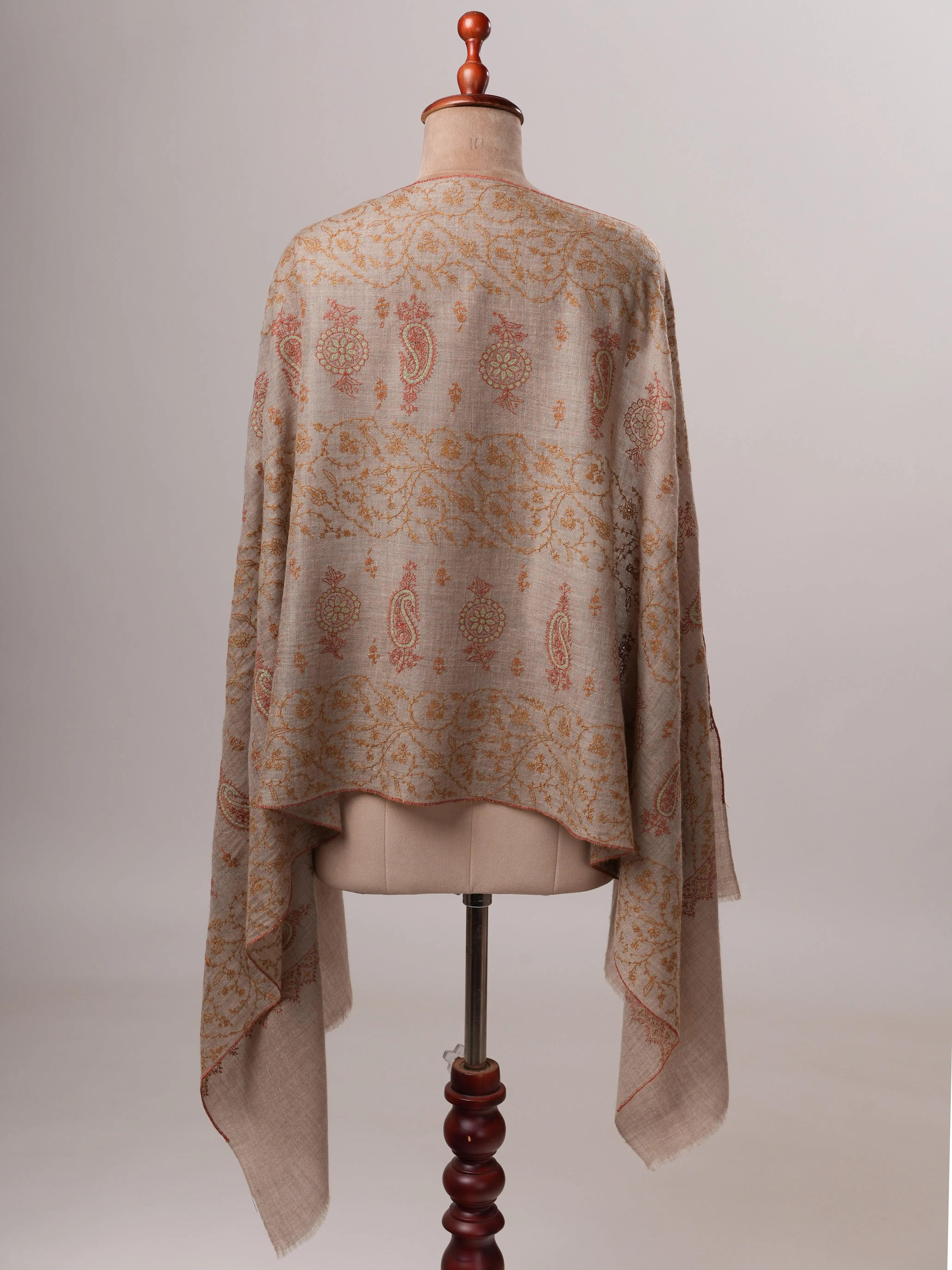 Contemporary Natural Grey Cashmere Scarf with All Over Embroidery Shahkaar
